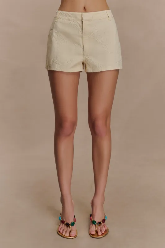 Ebony Embroidered Denim Micro Shorts - Cream sold by Meshki