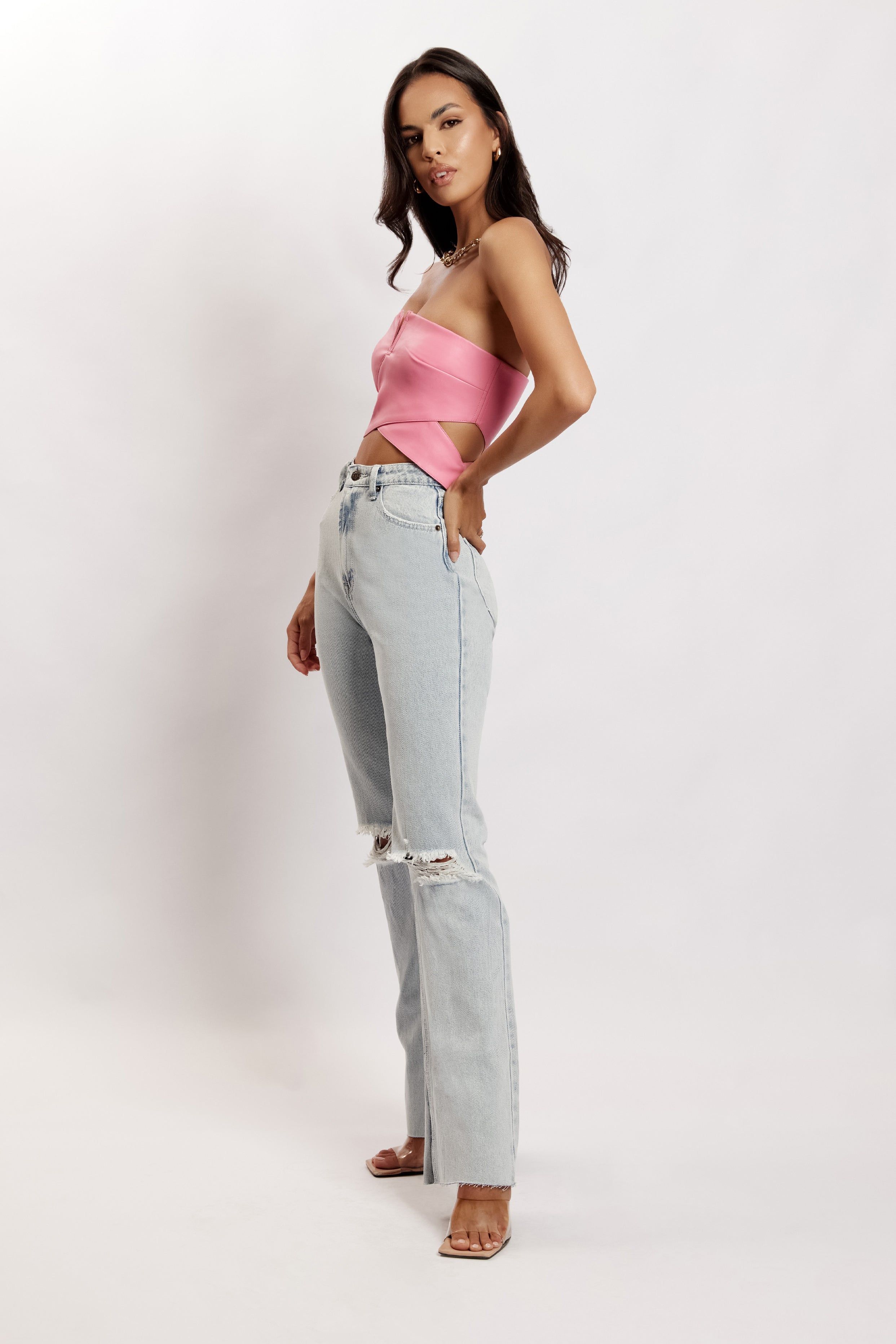 Perrie Faux Leather Cut Out Crop Top - Pink sold by Meshki product image thumbnail 4