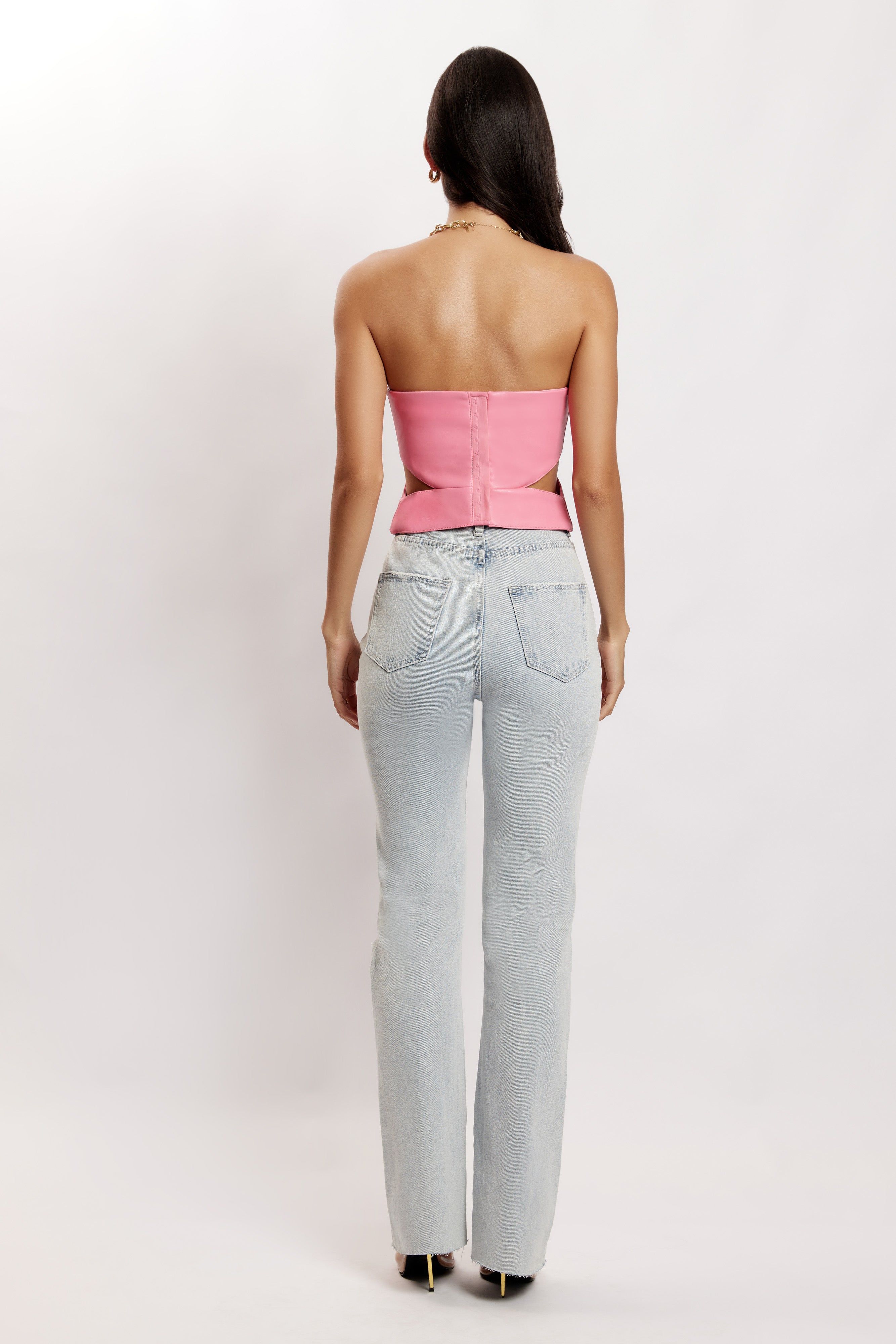 Perrie Faux Leather Cut Out Crop Top - Pink sold by Meshki product image thumbnail 2