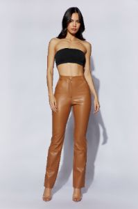 Tyra Straight Leg Faux Leather Pants - Dark Tan sold by Meshki