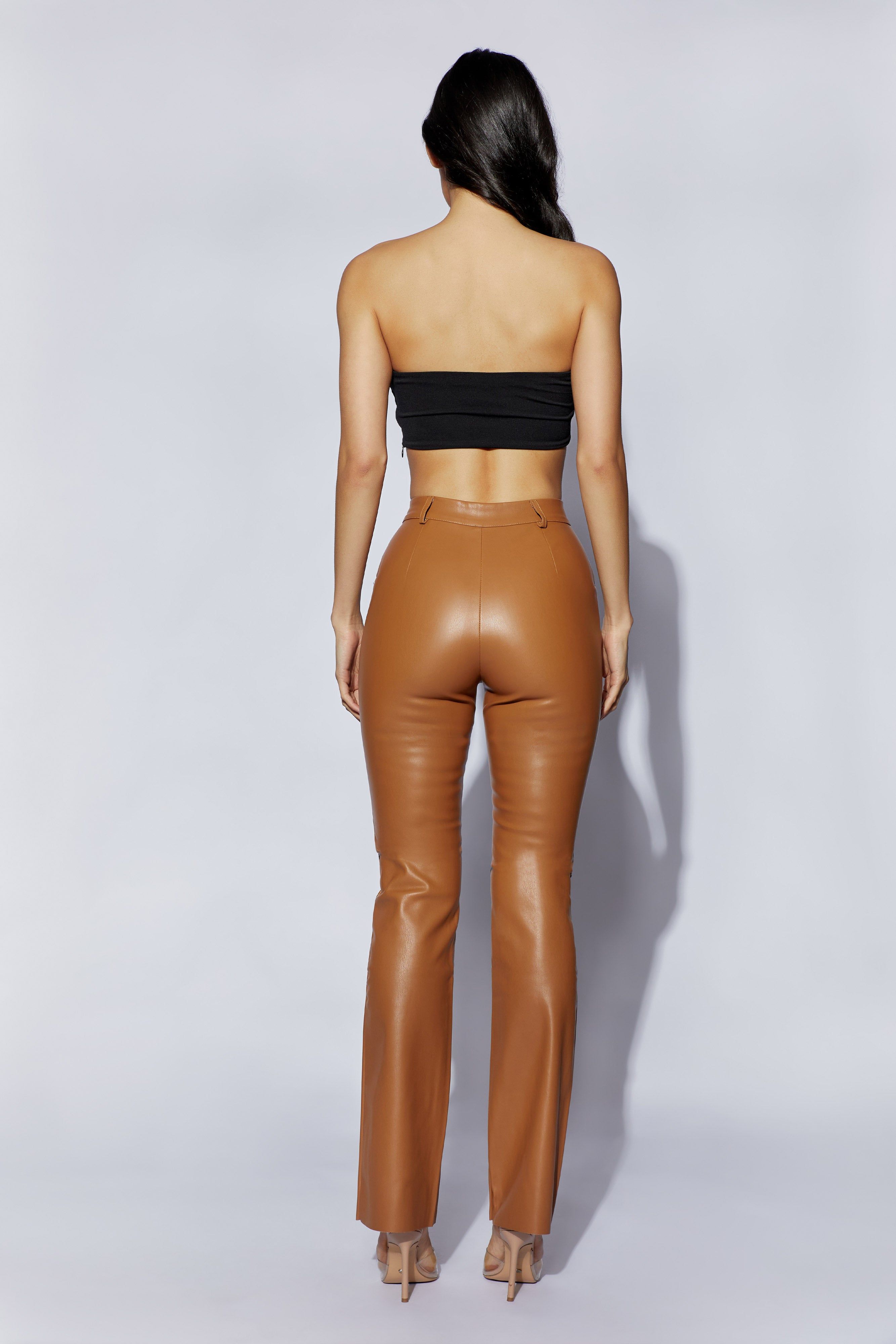 Tyra Straight Leg Faux Leather Pants - Dark Tan sold by Meshki product image thumbnail 2