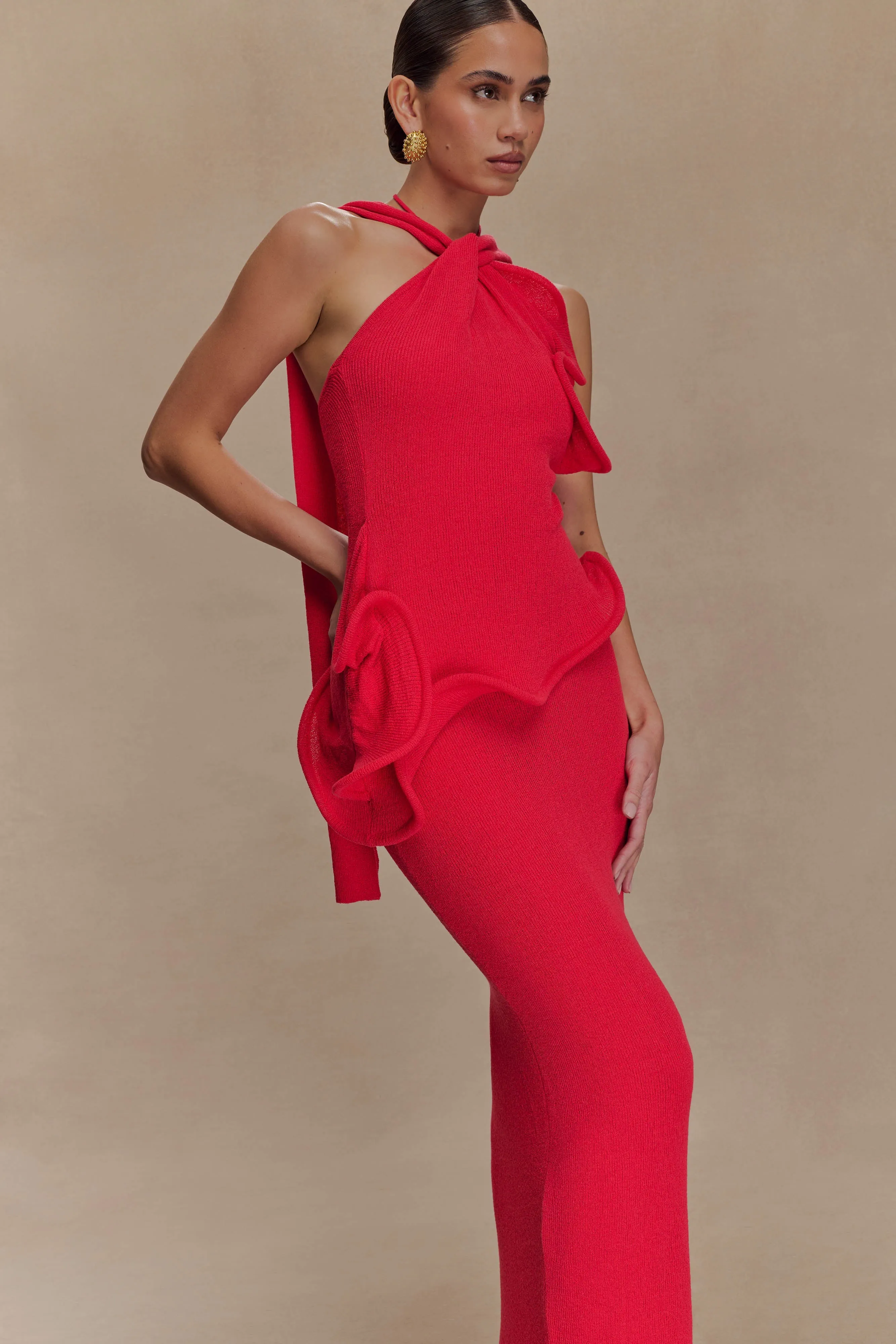 Caprice Halter Knit Maxi Dress - Red sold by Meshki product image thumbnail 4