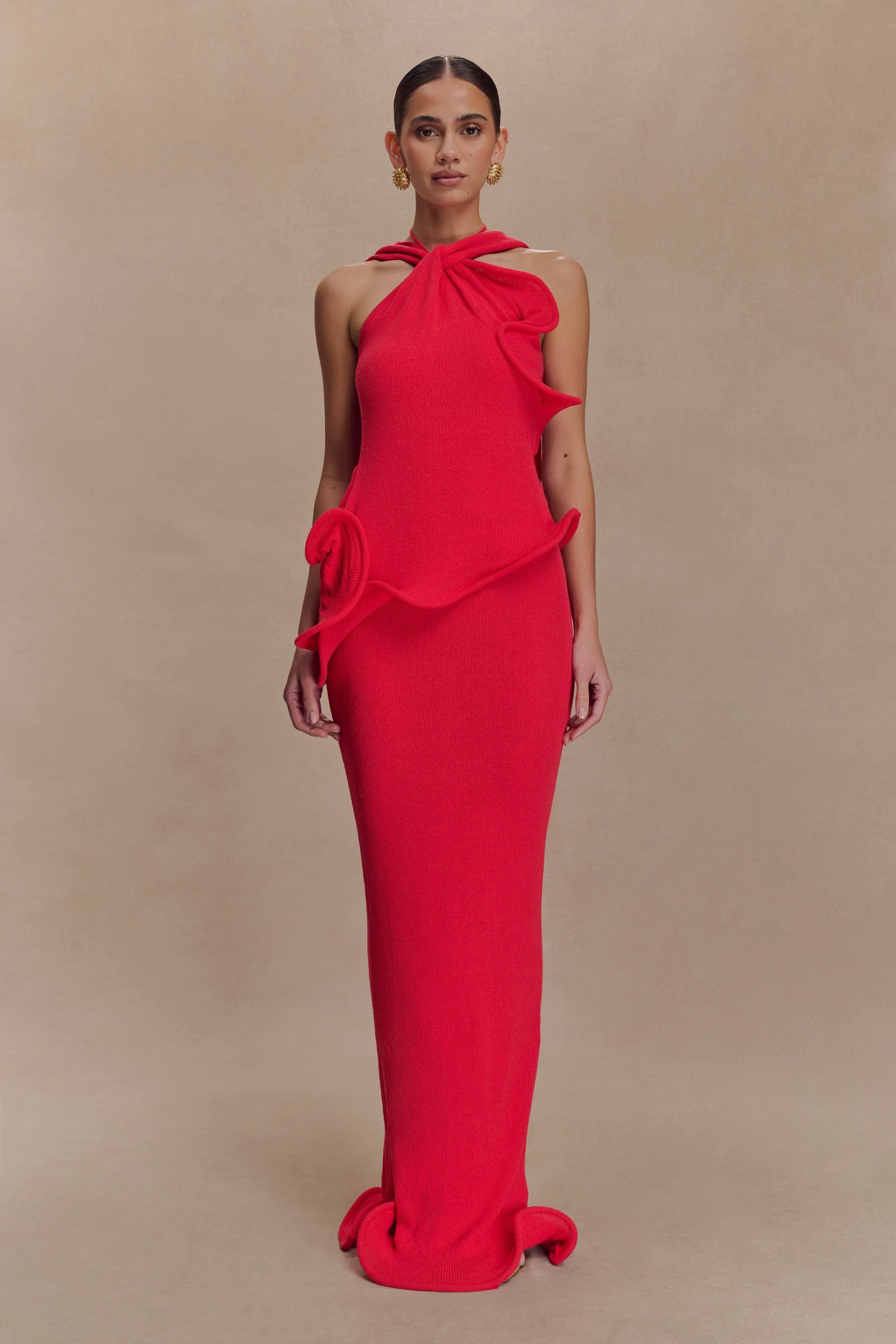 Caprice Halter Knit Maxi Dress - Red sold by Meshki