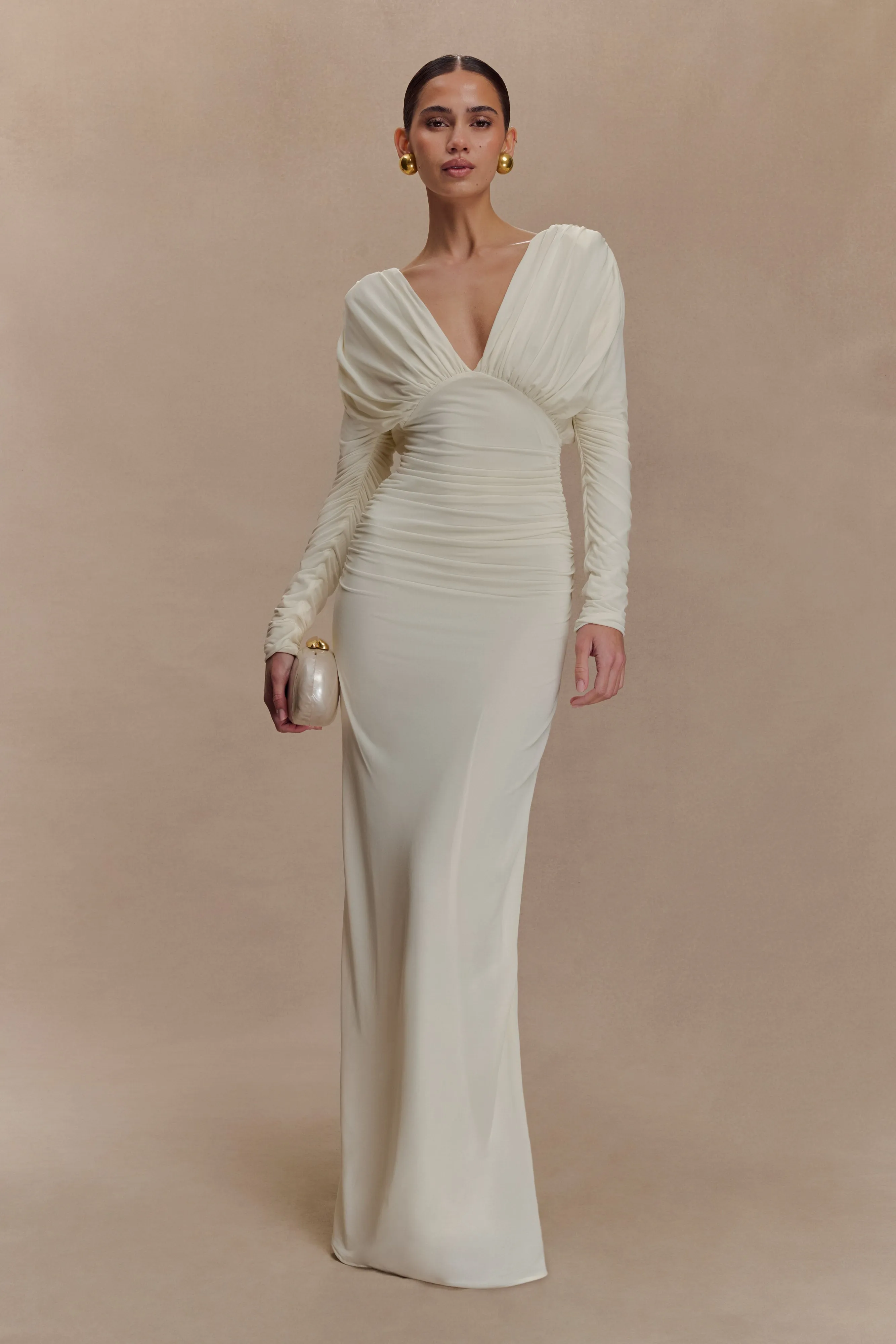 Hayden Long Sleeve Plunge Maxi Dress - Ivory sold by Meshki product image thumbnail 5