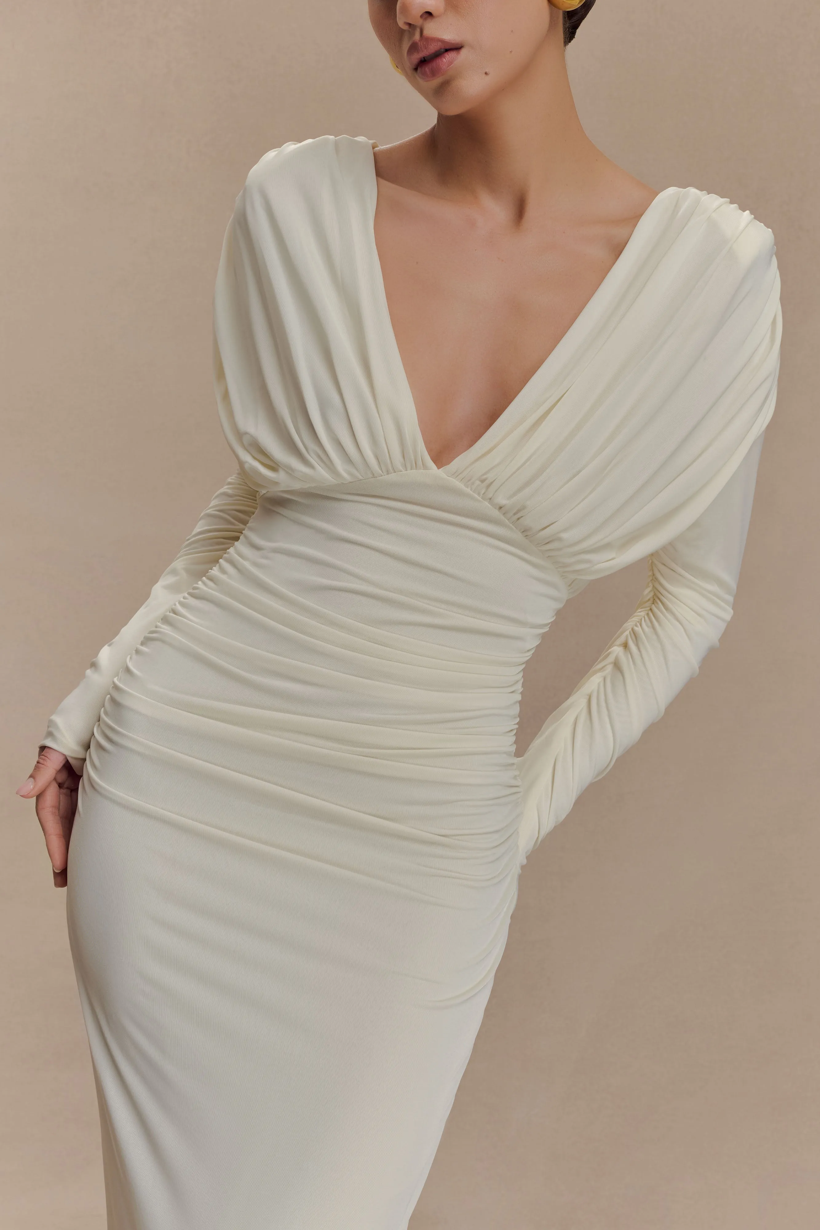 Hayden Long Sleeve Plunge Maxi Dress - Ivory sold by Meshki product image thumbnail 3
