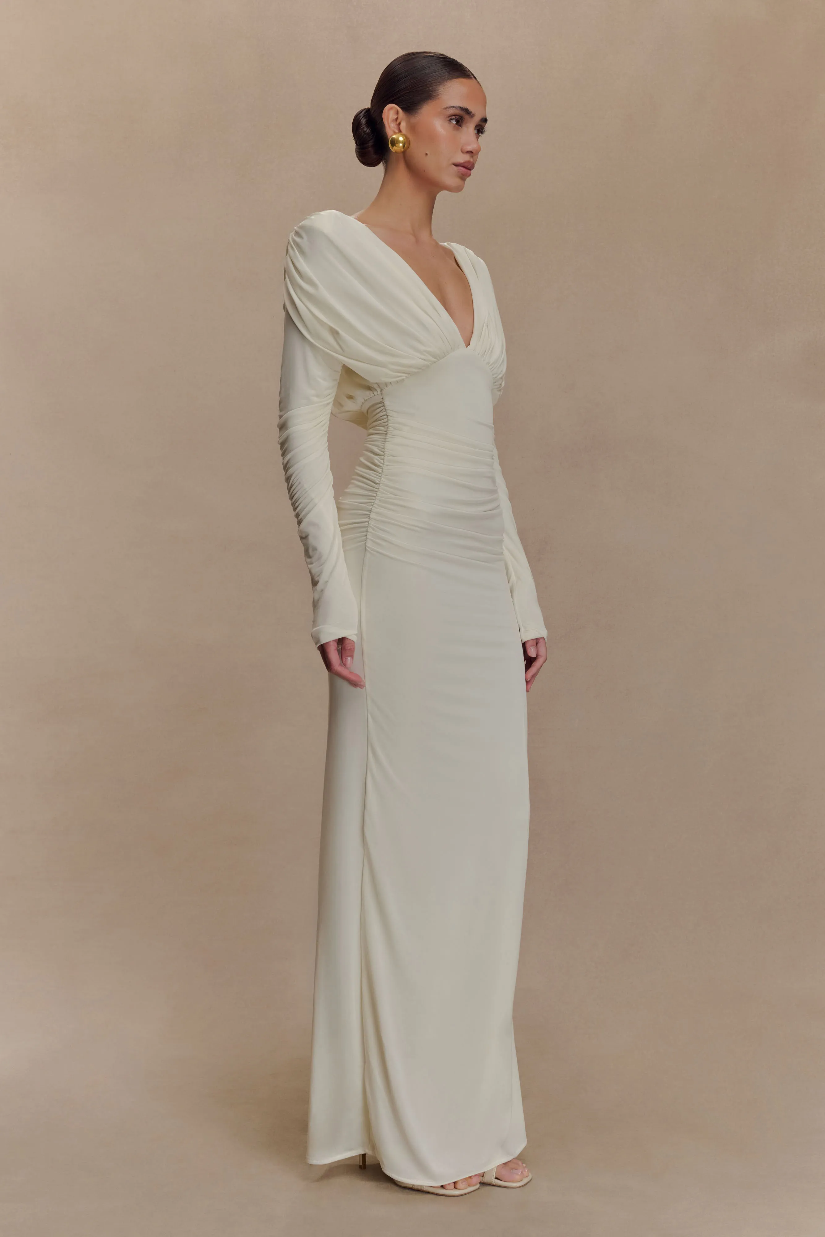 Hayden Long Sleeve Plunge Maxi Dress - Ivory sold by Meshki product image thumbnail 4