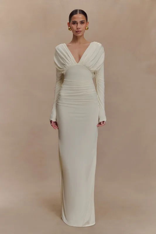Hayden Long Sleeve Plunge Maxi Dress - Ivory sold by Meshki