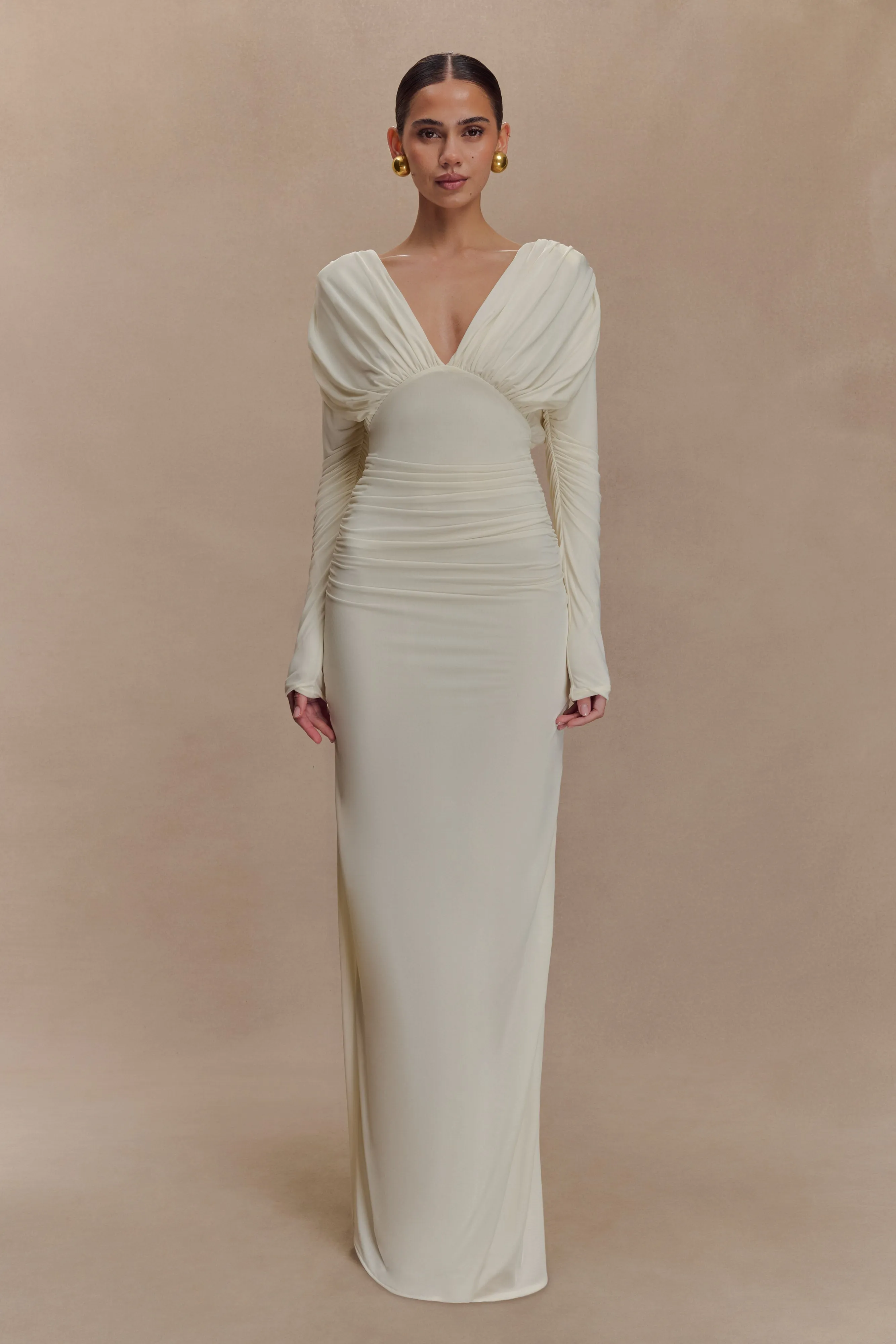 Hayden Long Sleeve Plunge Maxi Dress - Ivory sold by Meshki