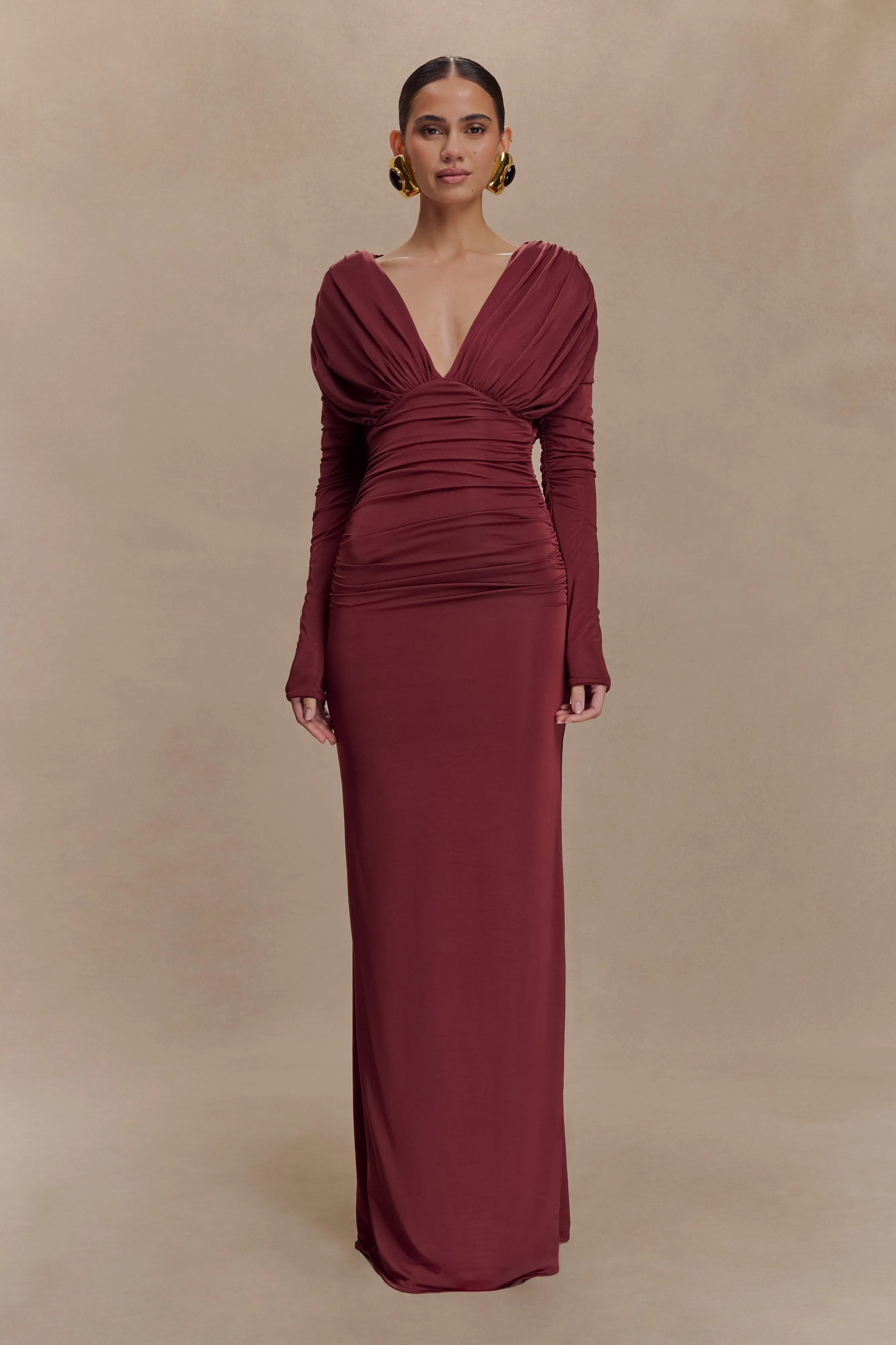 Hayden Long Sleeve Plunge Maxi Dress - Wine sold by Meshki