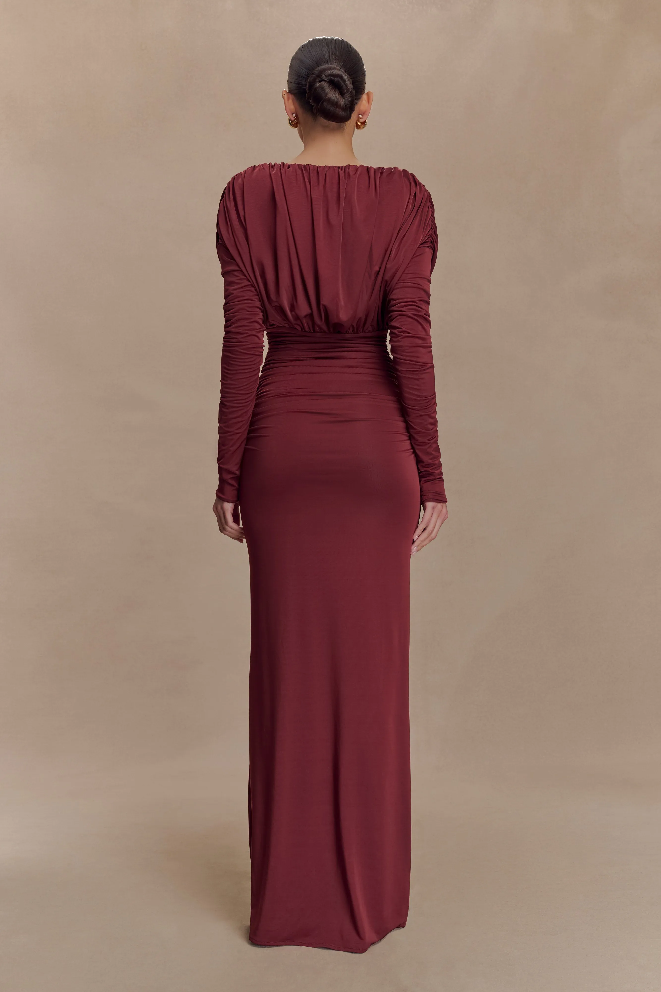 Hayden Long Sleeve Plunge Maxi Dress - Wine sold by Meshki product image thumbnail 2