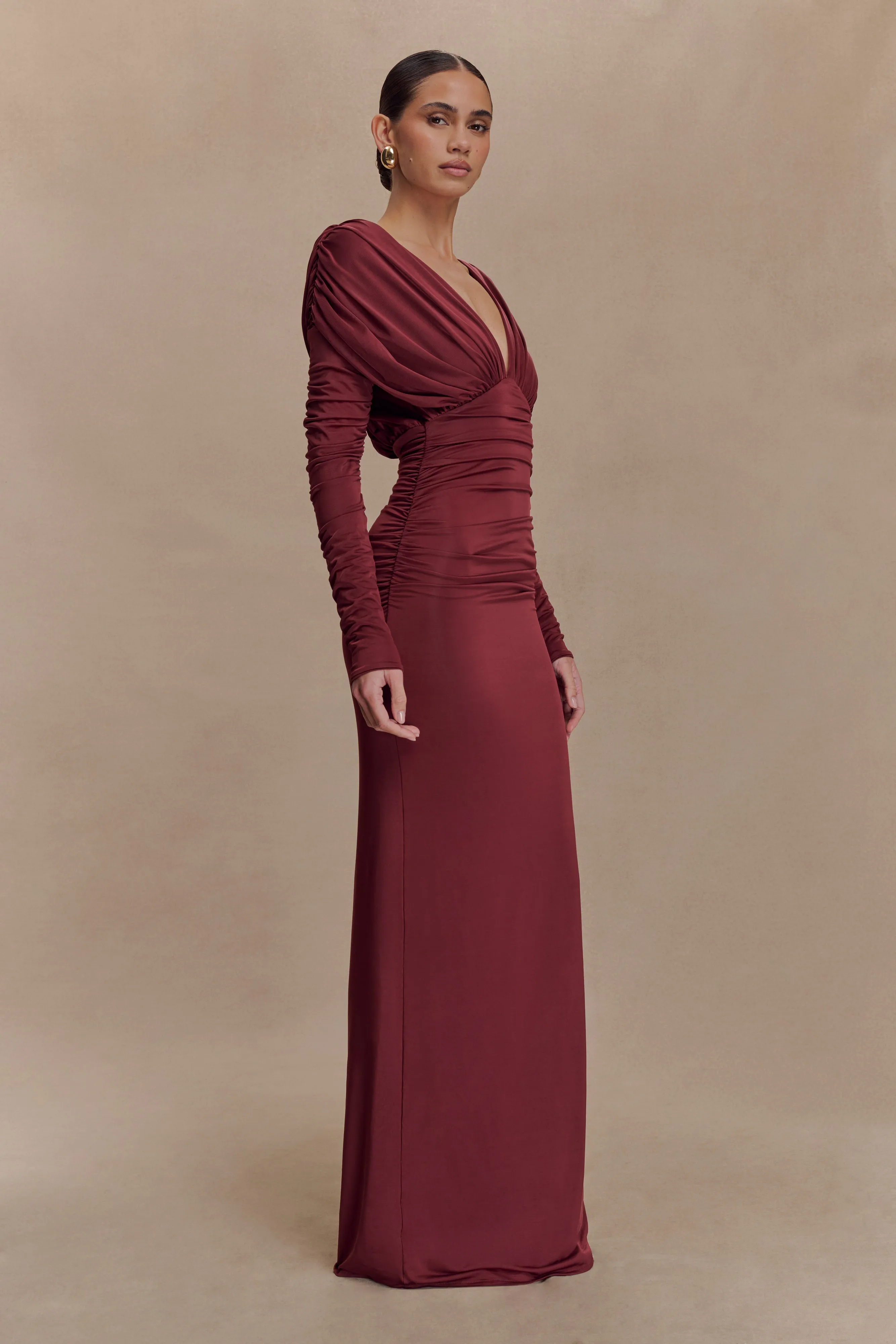 Hayden Long Sleeve Plunge Maxi Dress - Wine sold by Meshki product image thumbnail 4