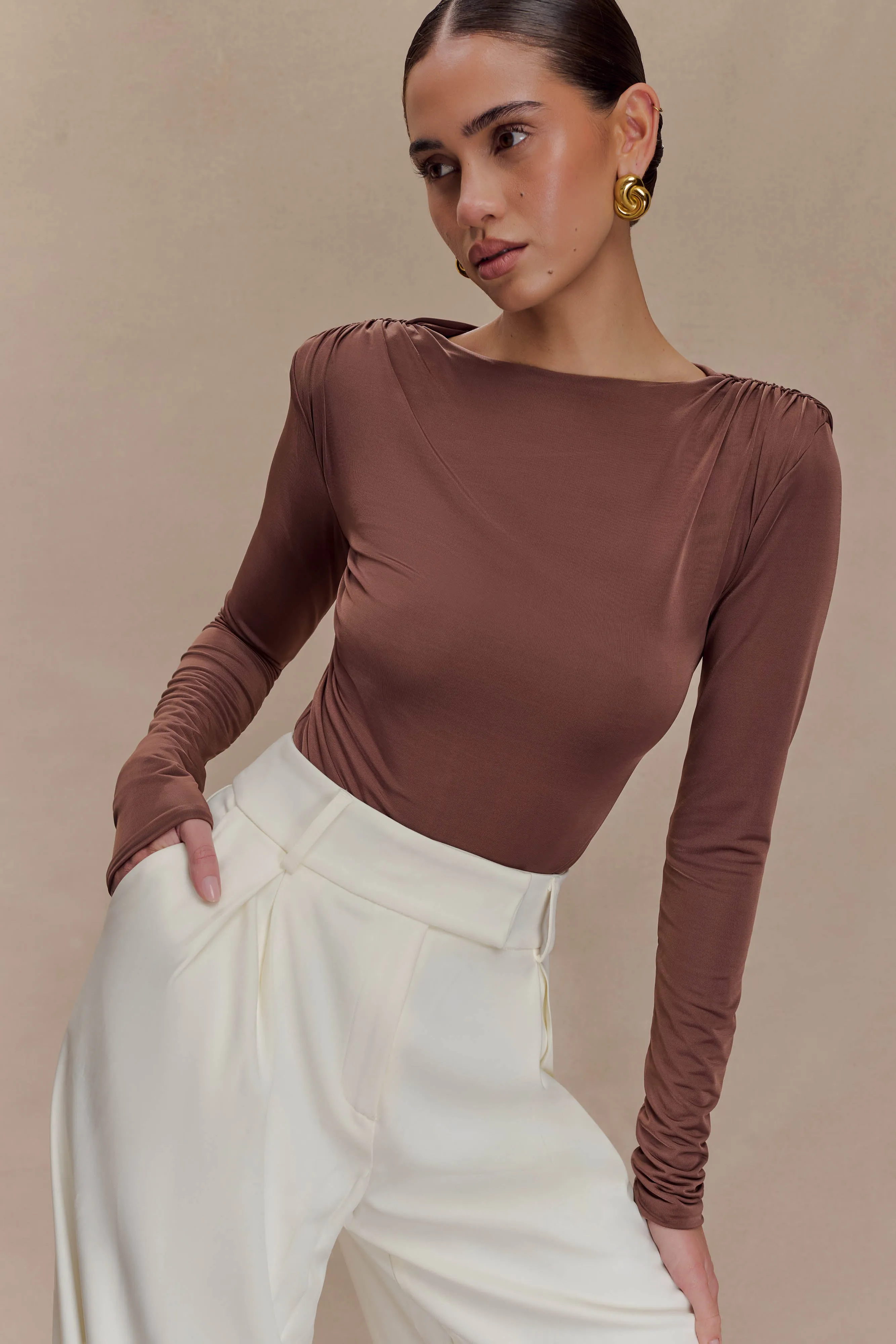 Elsie Shoulder Pad Bodysuit - Chocolate sold by Meshki product image thumbnail 3