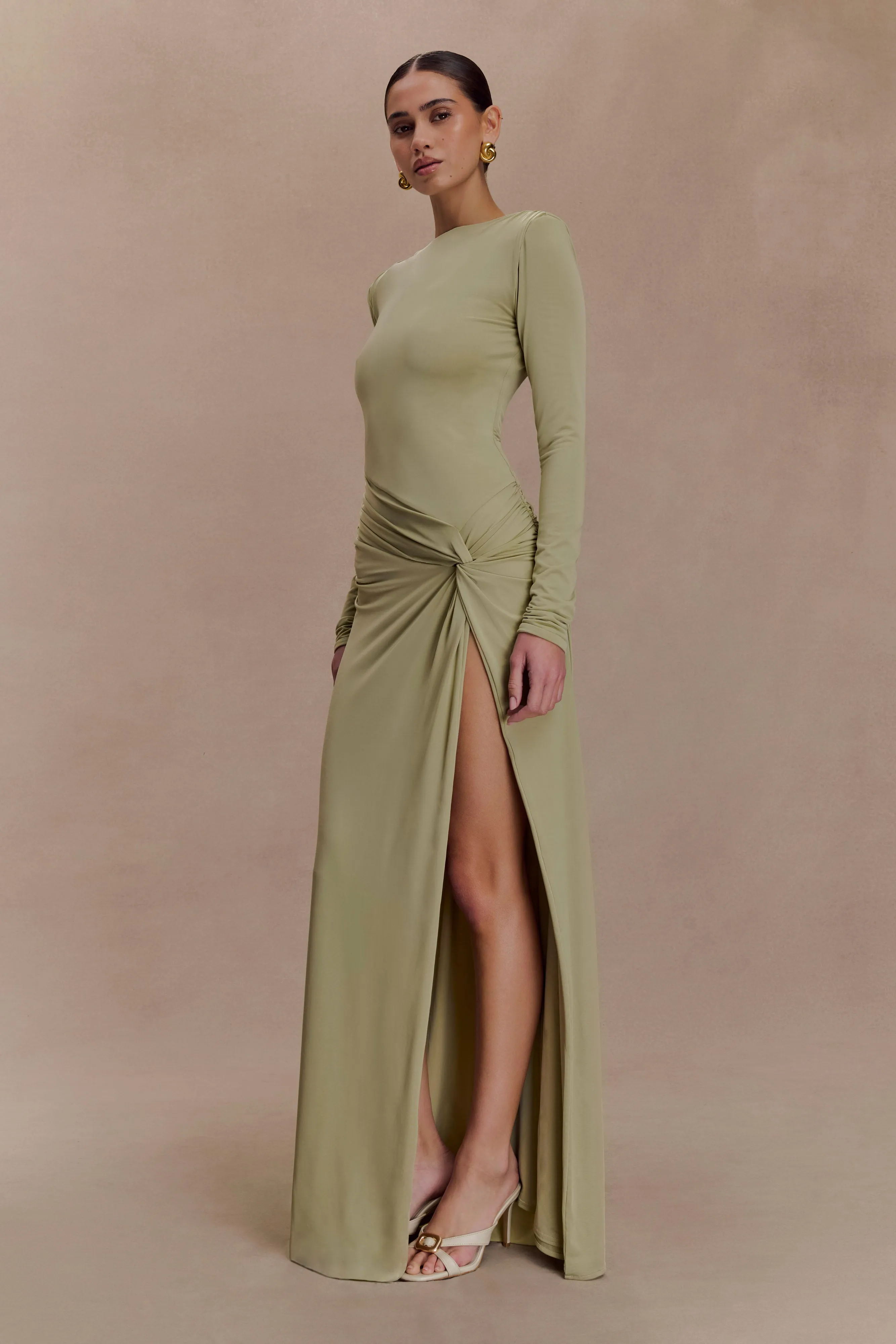 Deanna Long Sleeve Gathered Maxi Dress - Sage sold by Meshki product image thumbnail 4