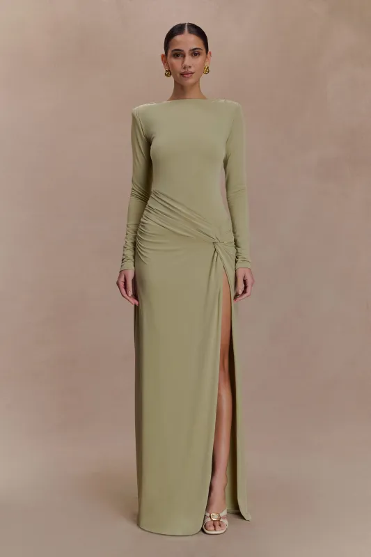Deanna Long Sleeve Gathered Maxi Dress - Sage sold by Meshki