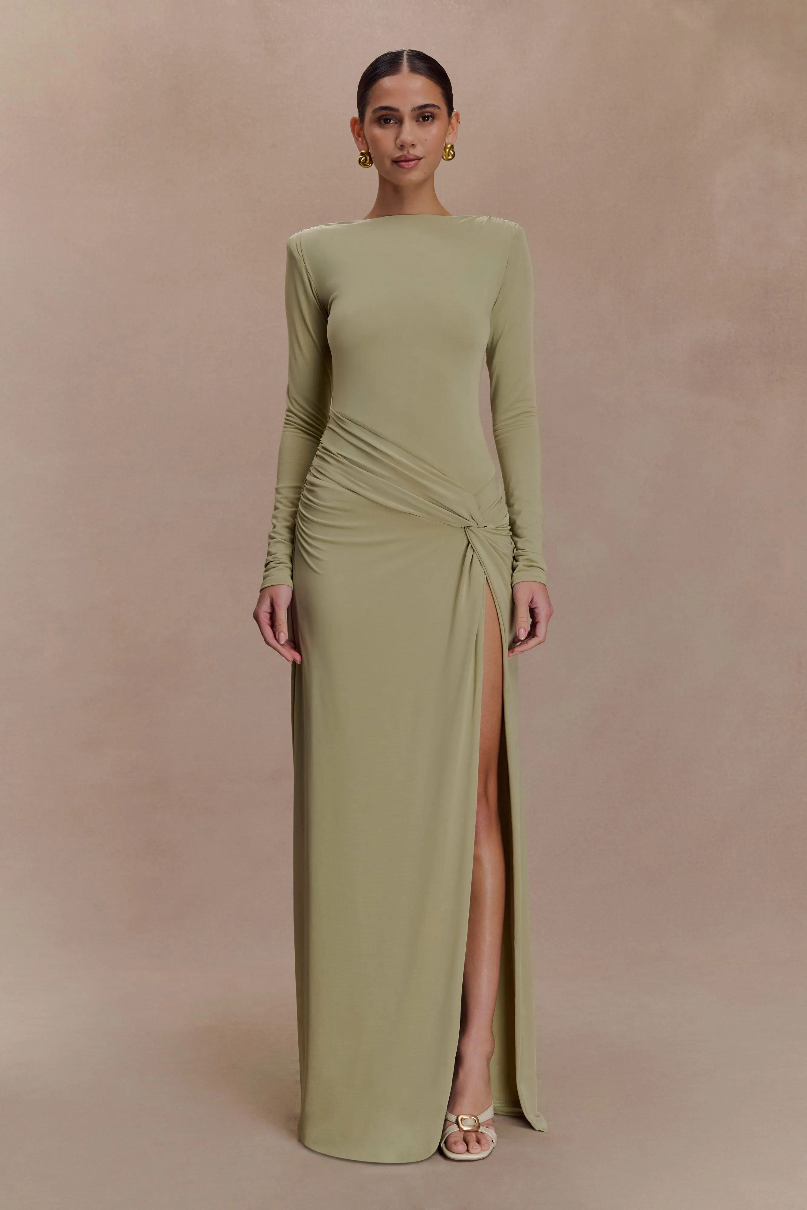 Deanna Long Sleeve Gathered Maxi Dress - Sage sold by Meshki
