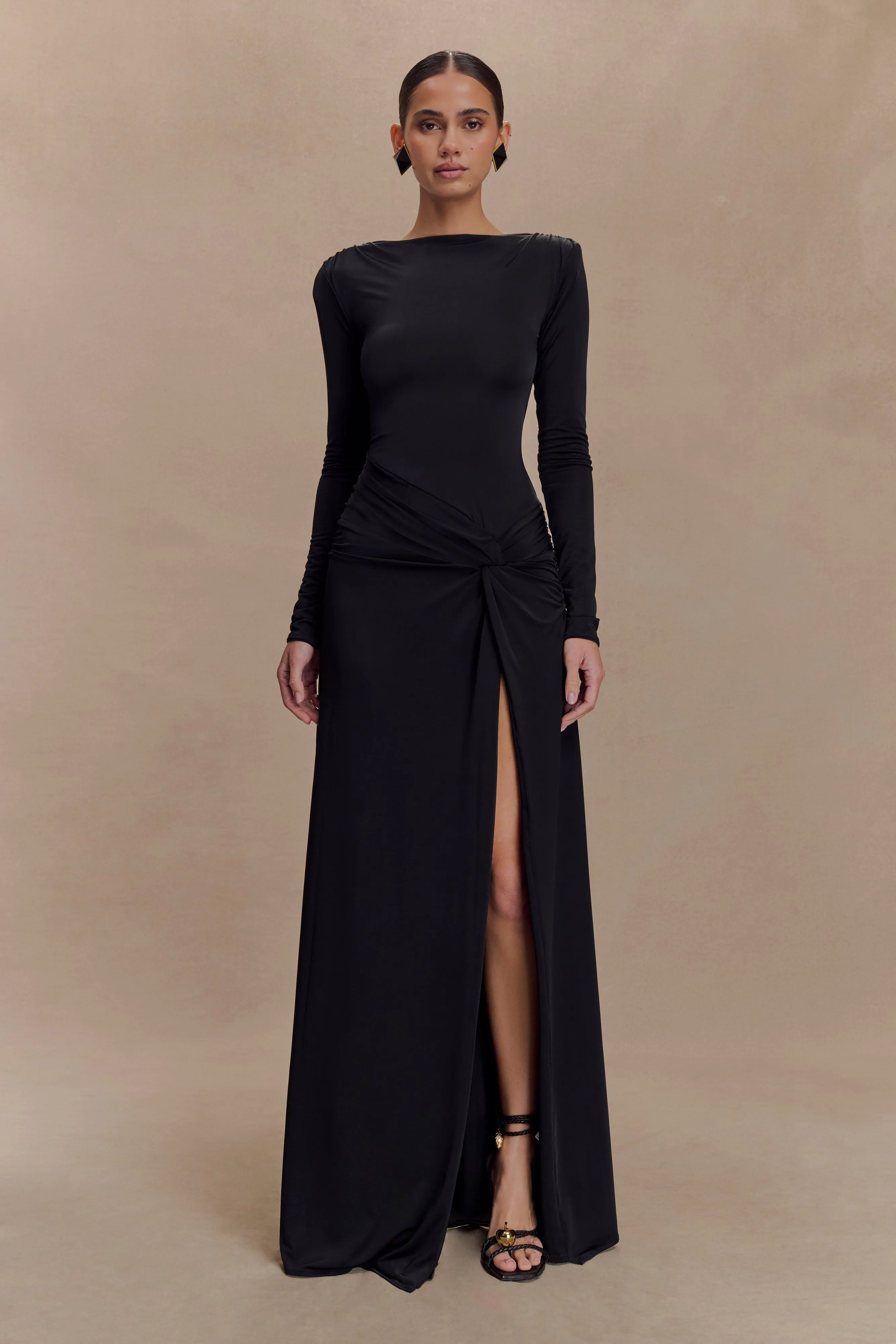Deanna Long Sleeve Gathered Maxi Dress - Black sold by Meshki