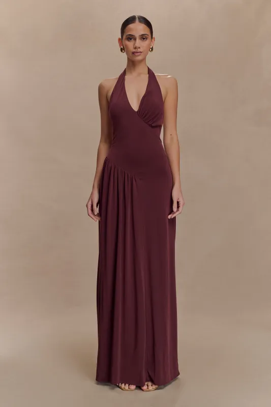 Yelena Ruched Halter Maxi Dress - Mahogany sold by Meshki