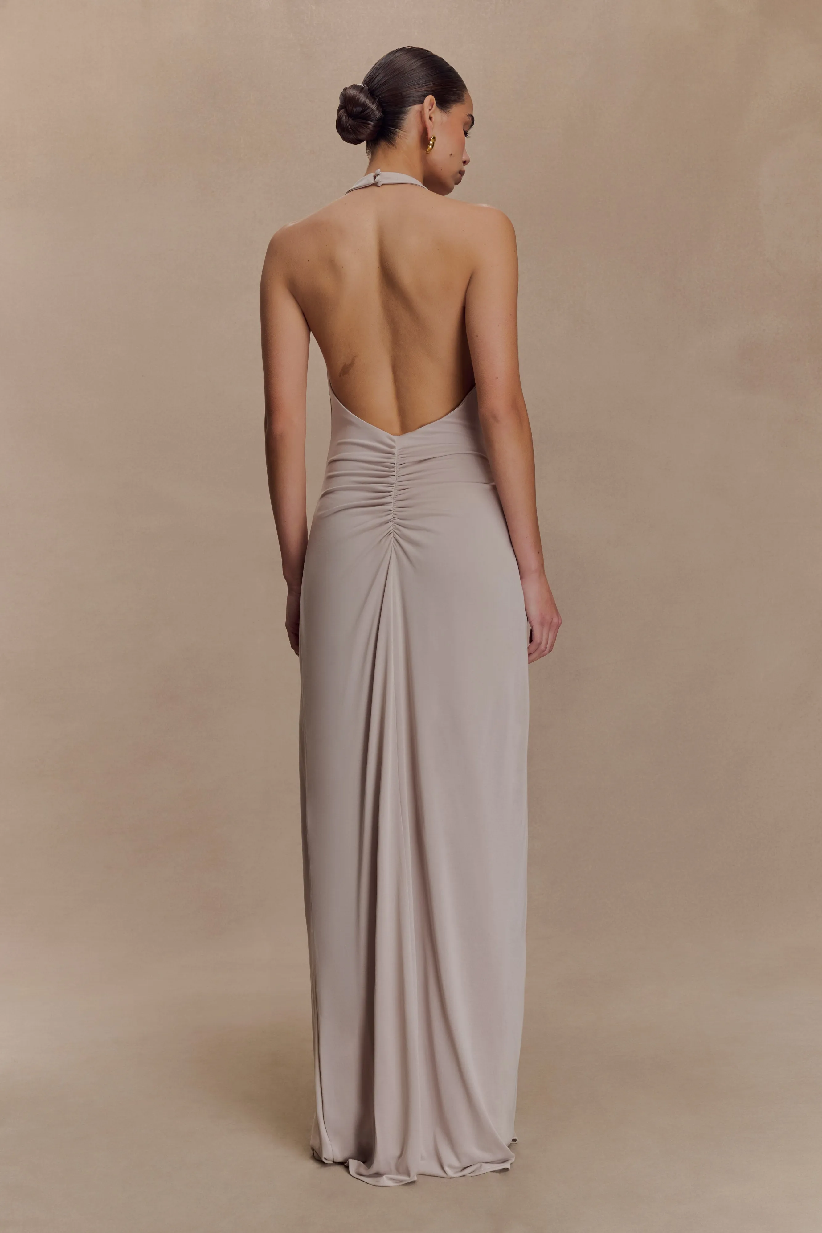 Yelena Ruched Halter Maxi Dress - Taupe sold by Meshki product image thumbnail 2