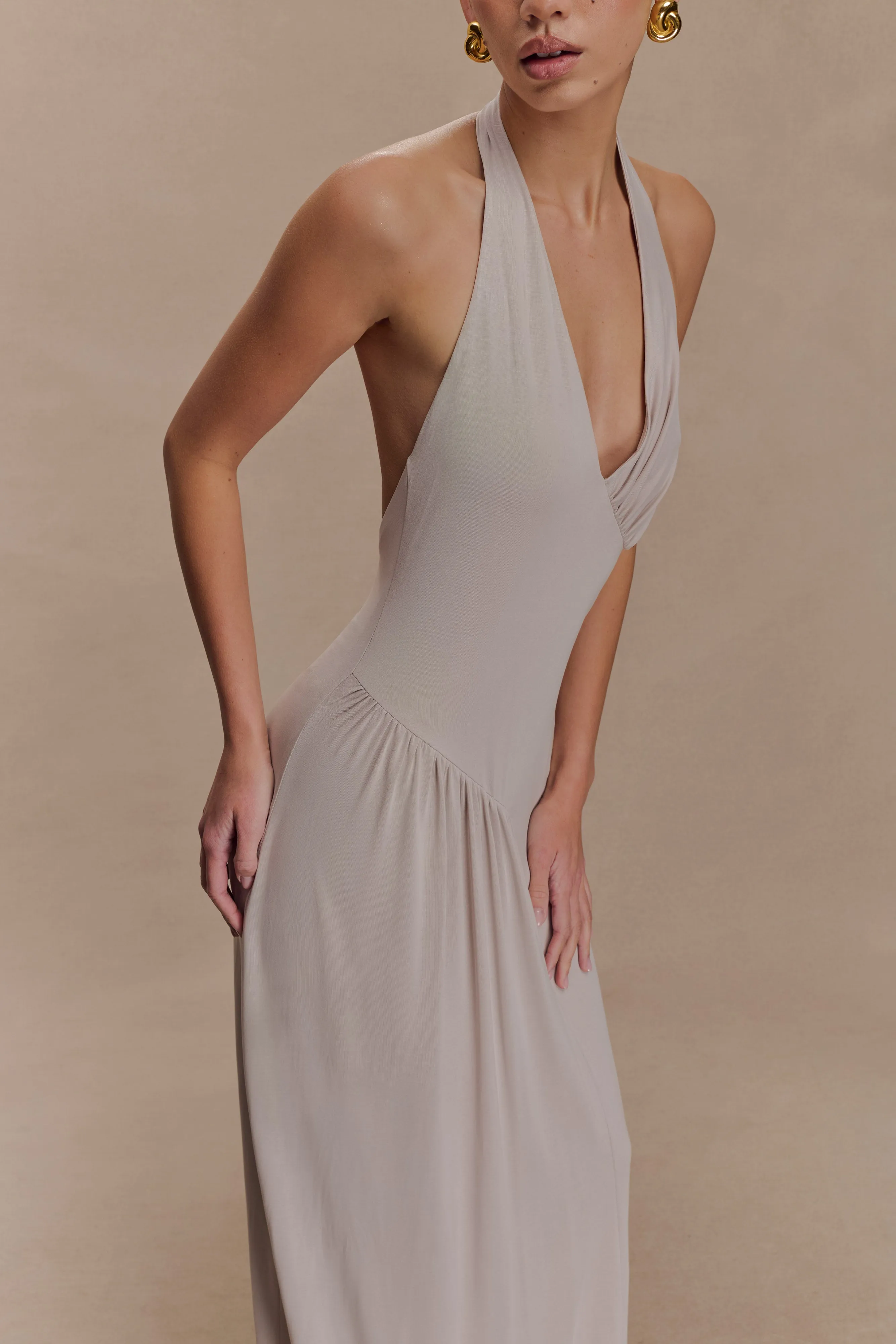 Yelena Ruched Halter Maxi Dress - Taupe sold by Meshki product image thumbnail 3
