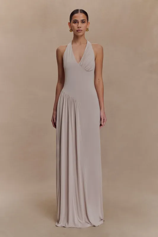 Yelena Ruched Halter Maxi Dress - Taupe sold by Meshki
