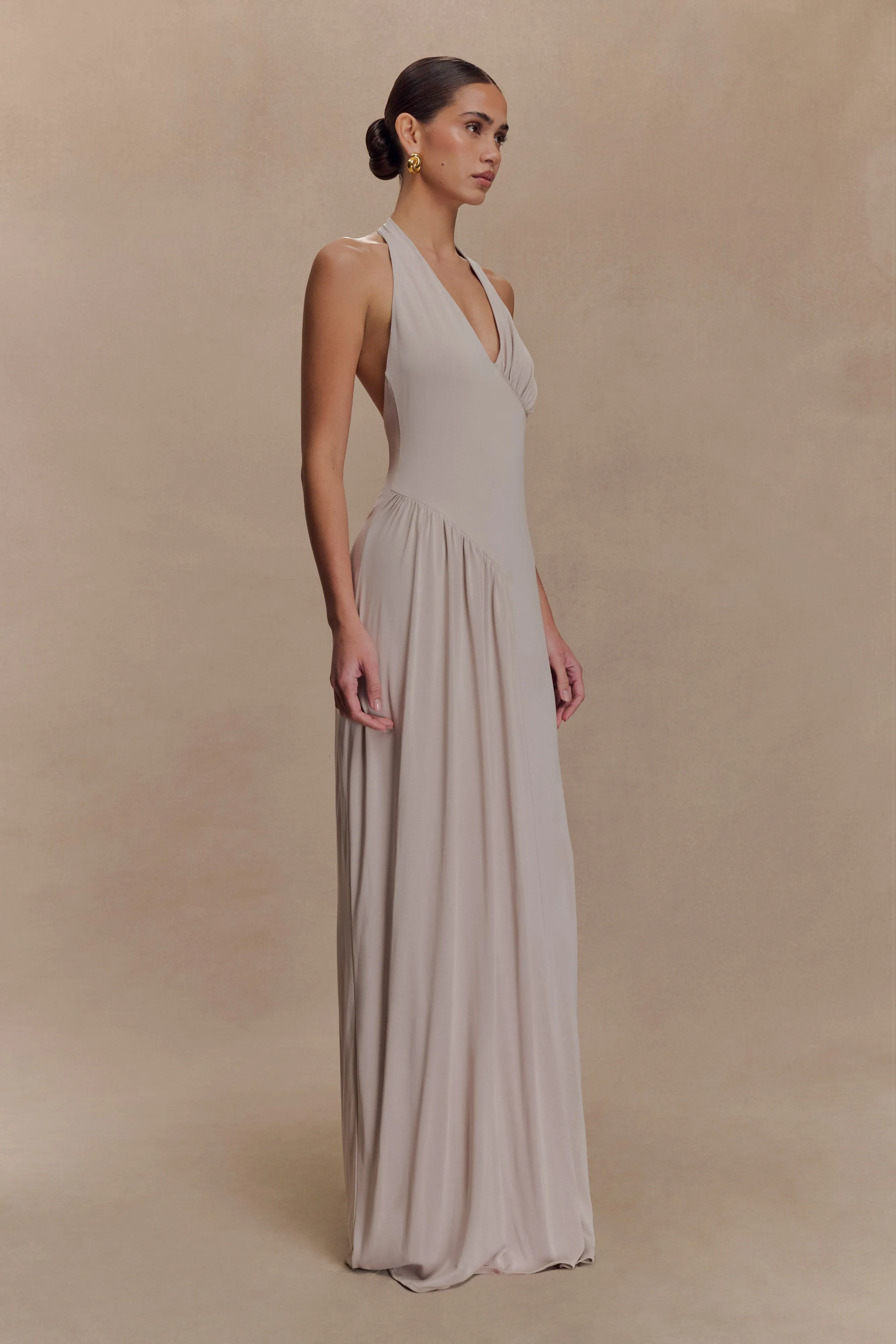 Yelena Ruched Halter Maxi Dress - Taupe sold by Meshki product image thumbnail 4
