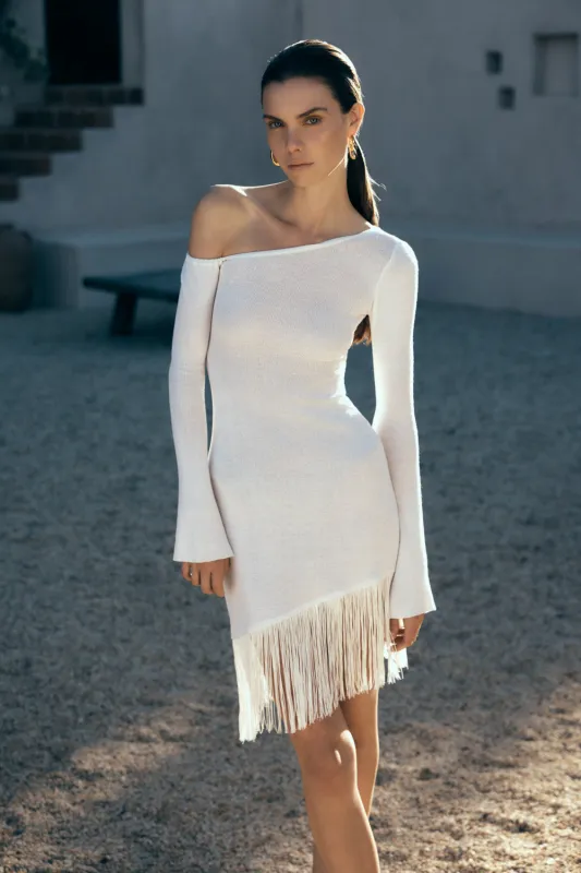 Kayden Fringe Off Shoulder Knit Mini Dress - Ivory sold by Meshki
