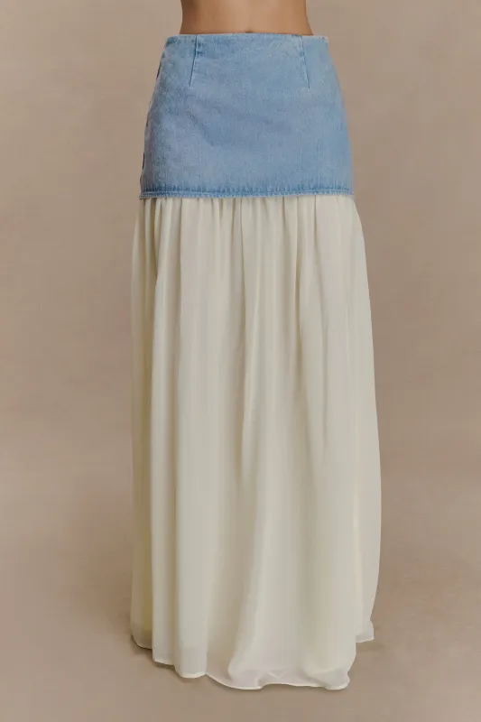 Tully Chiffon Denim Maxi Skirt - 80'S Blue sold by Meshki