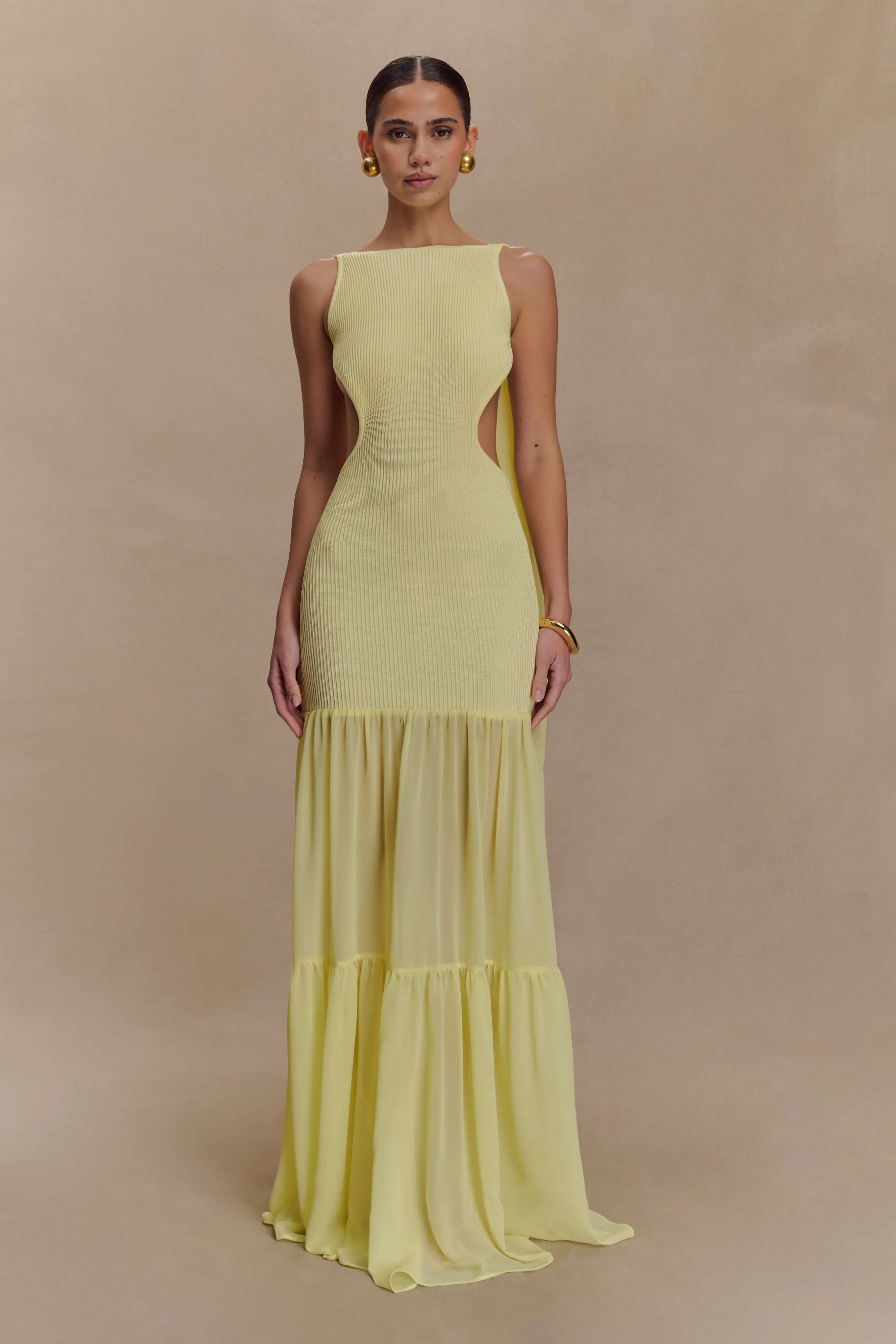 Haille Knit Chiffon Maxi Dress - Lemon sold by Meshki