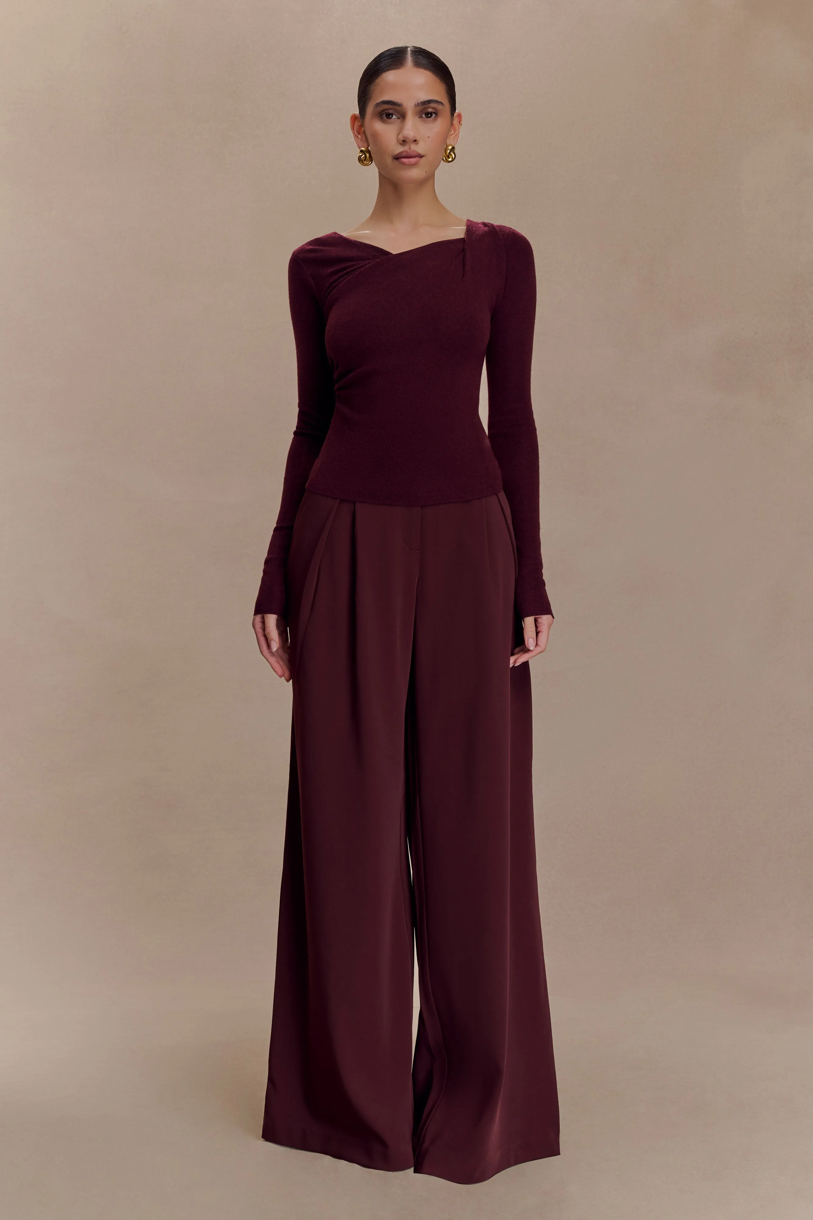 Culver Draped Twist Knit Top - Wine sold by Meshki