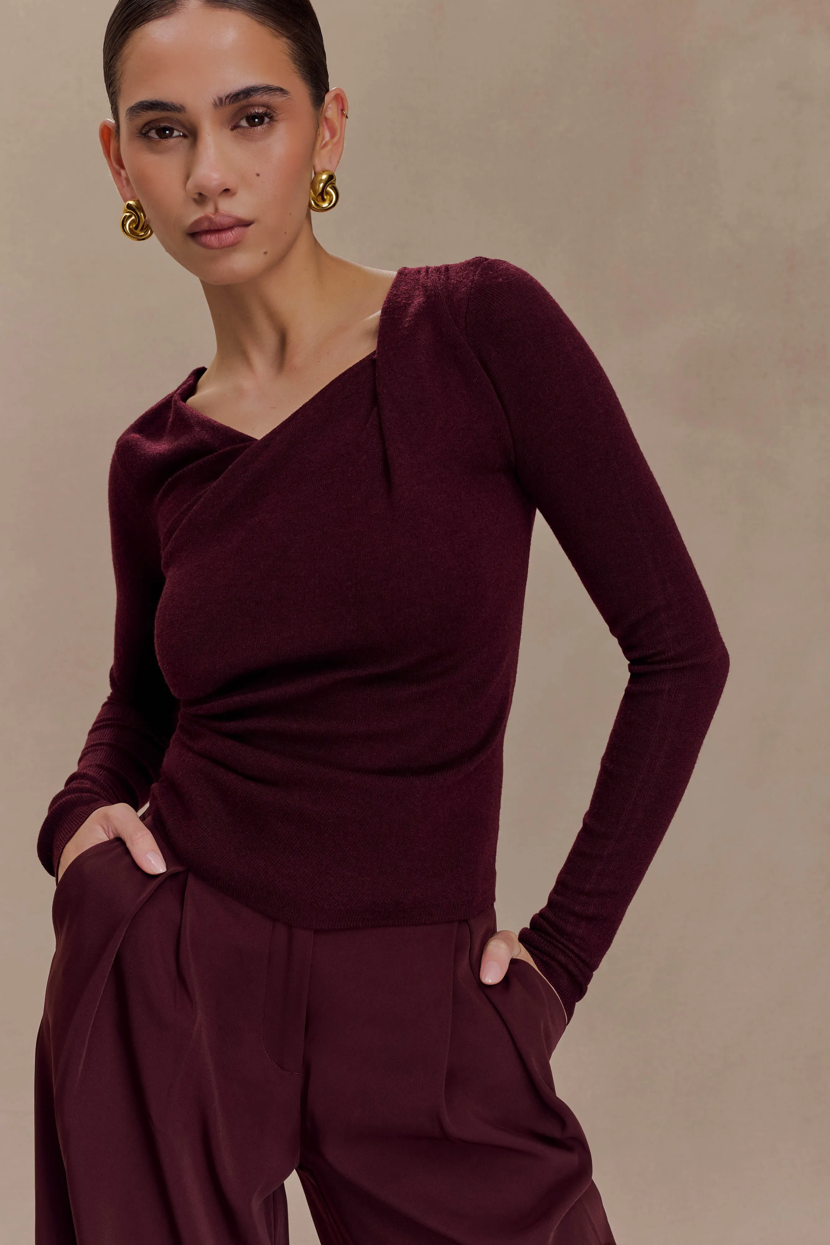 Culver Draped Twist Knit Top - Wine sold by Meshki product image thumbnail 3