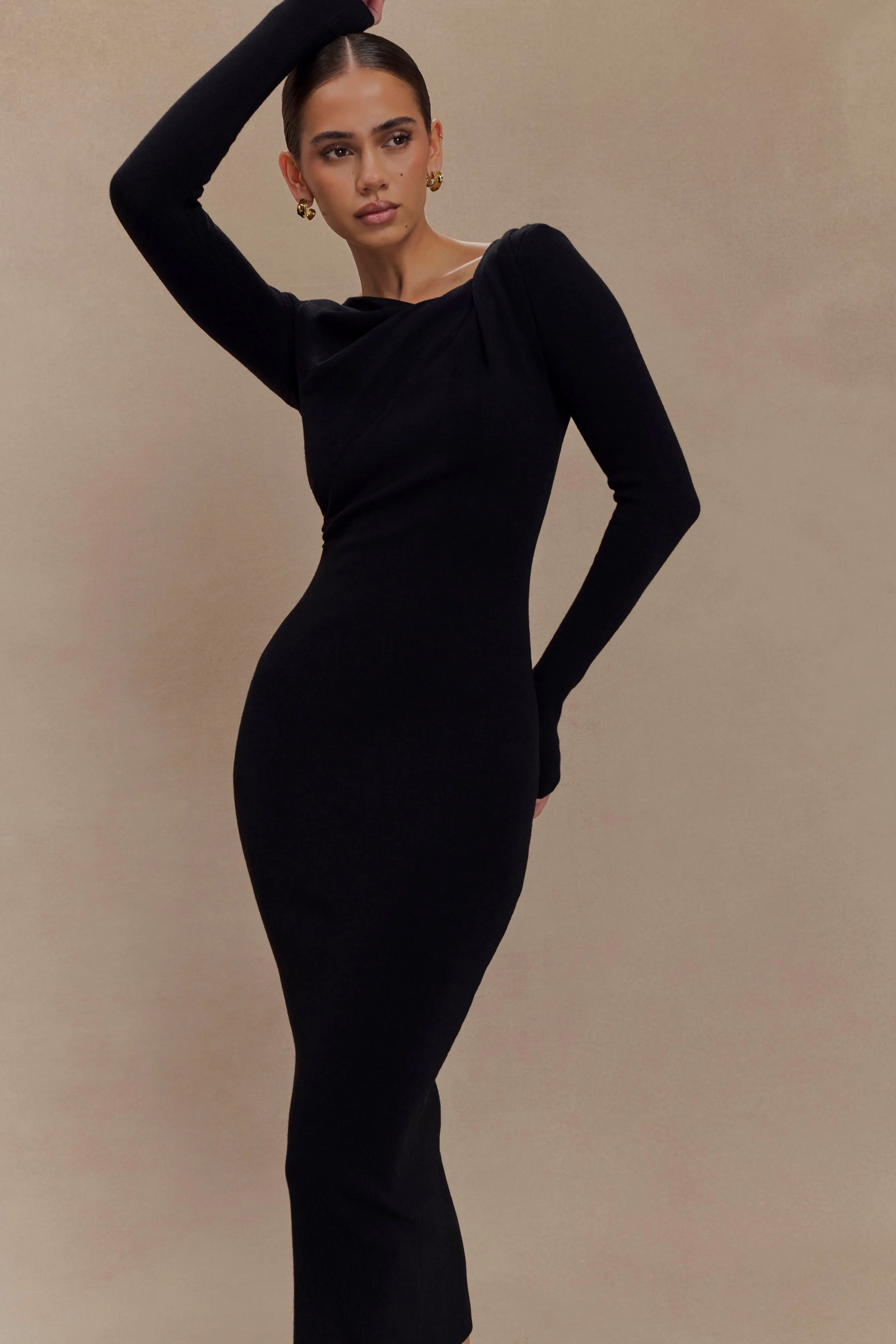 Culver Draped Twist Knit Midi Dress - Black sold by Meshki product image thumbnail 3