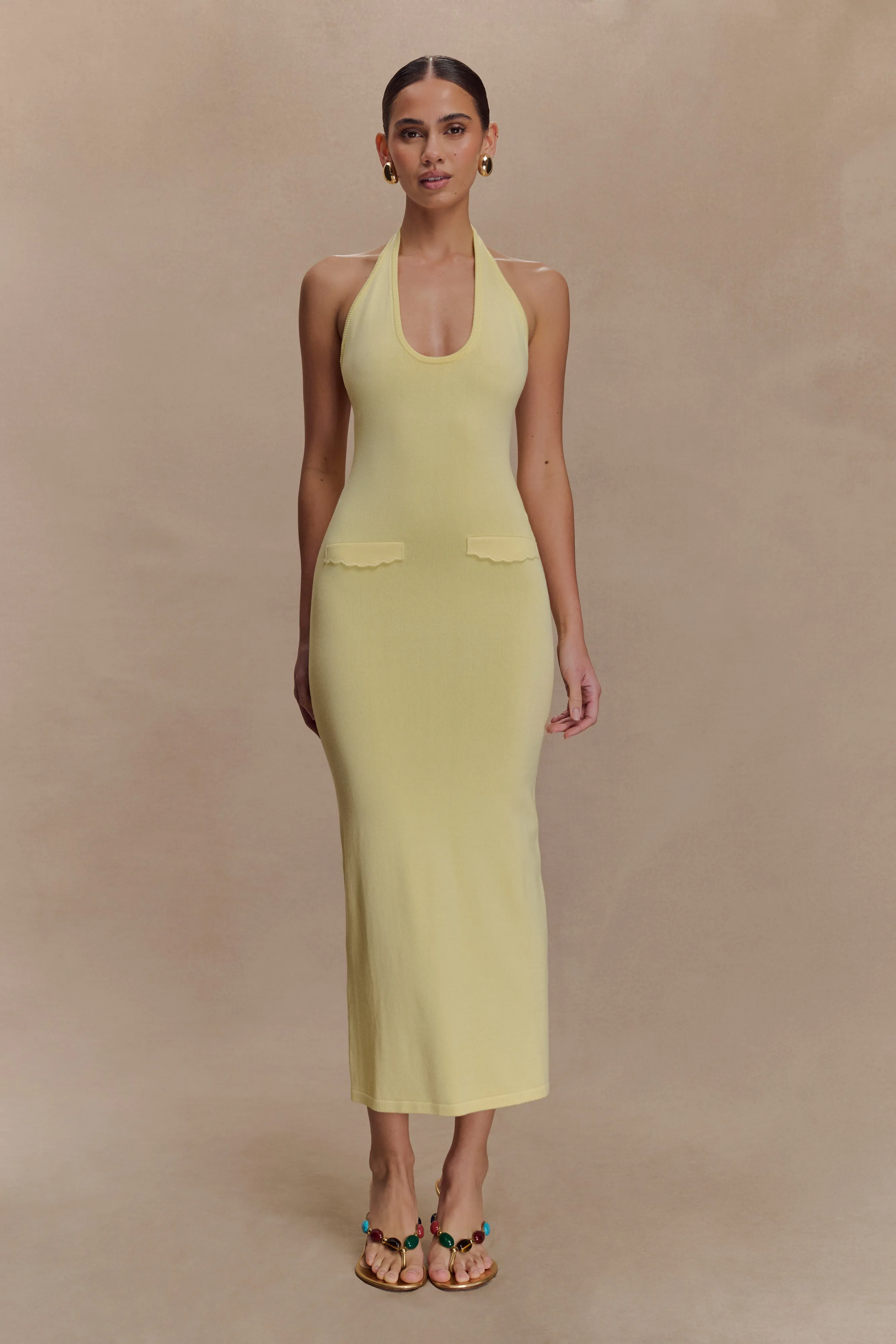 Ovina Halter Neck Knit Midi Dress - Lemon sold by Meshki