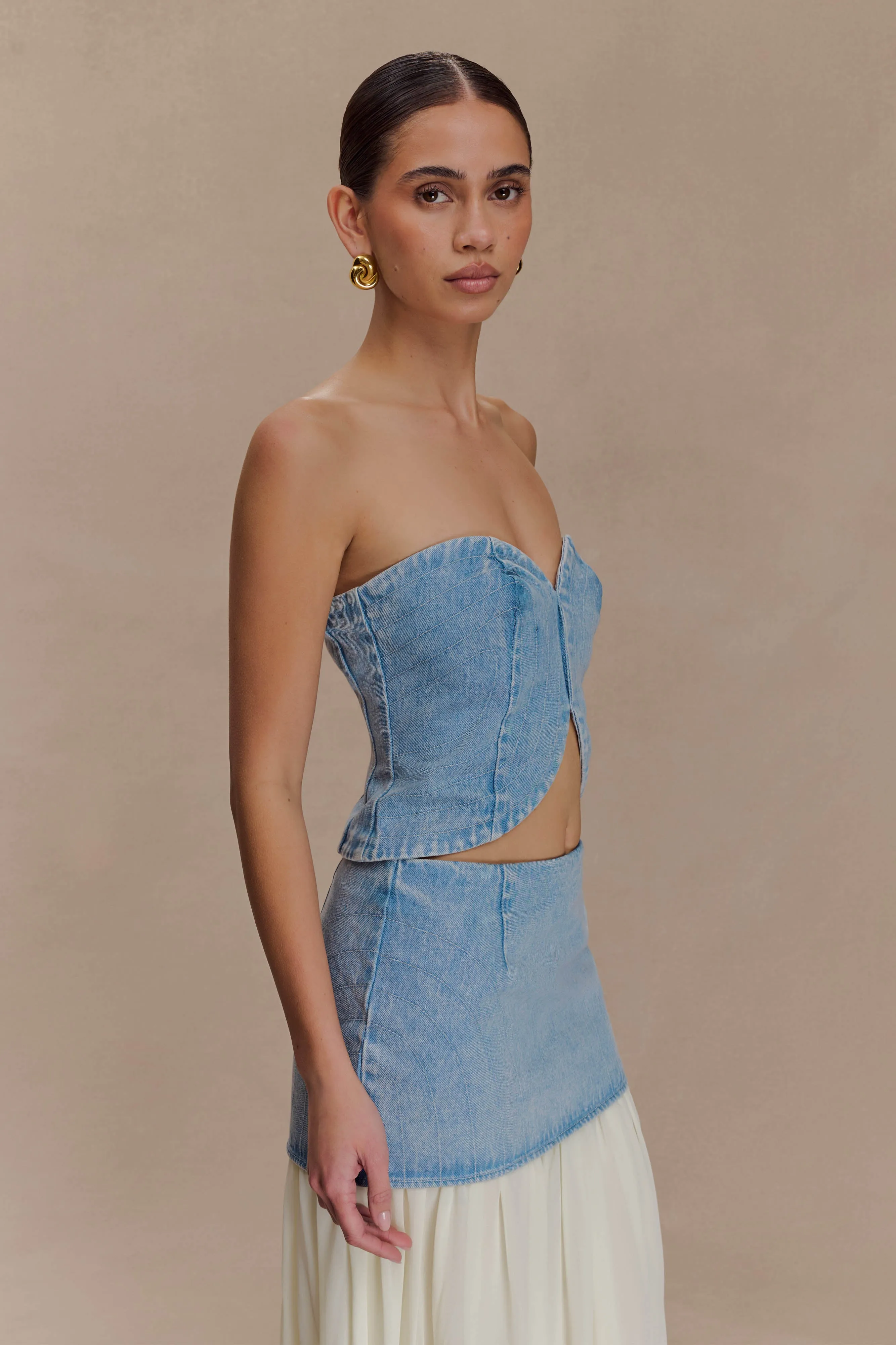Tully Strapless Topstitch Denim Top - 80'S Blue sold by Meshki product image thumbnail 5