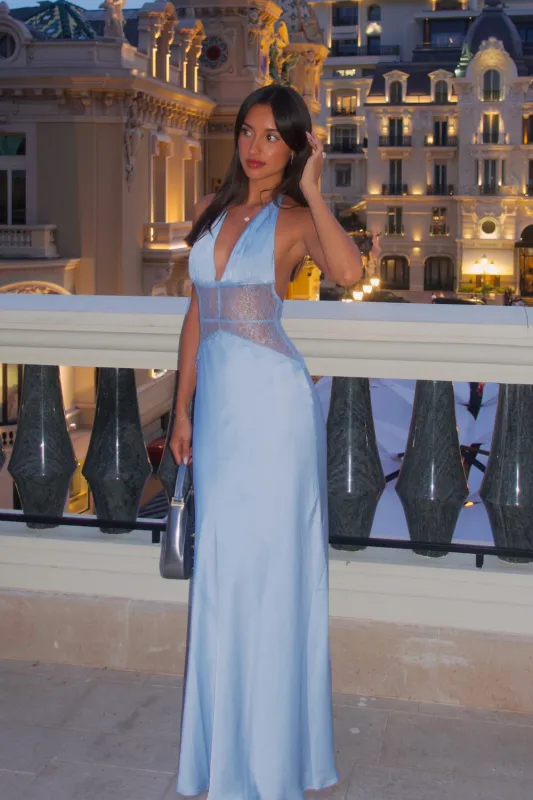 Dinah Lace And Satin Maxi Dress - Cornflower Blue sold by Meshki