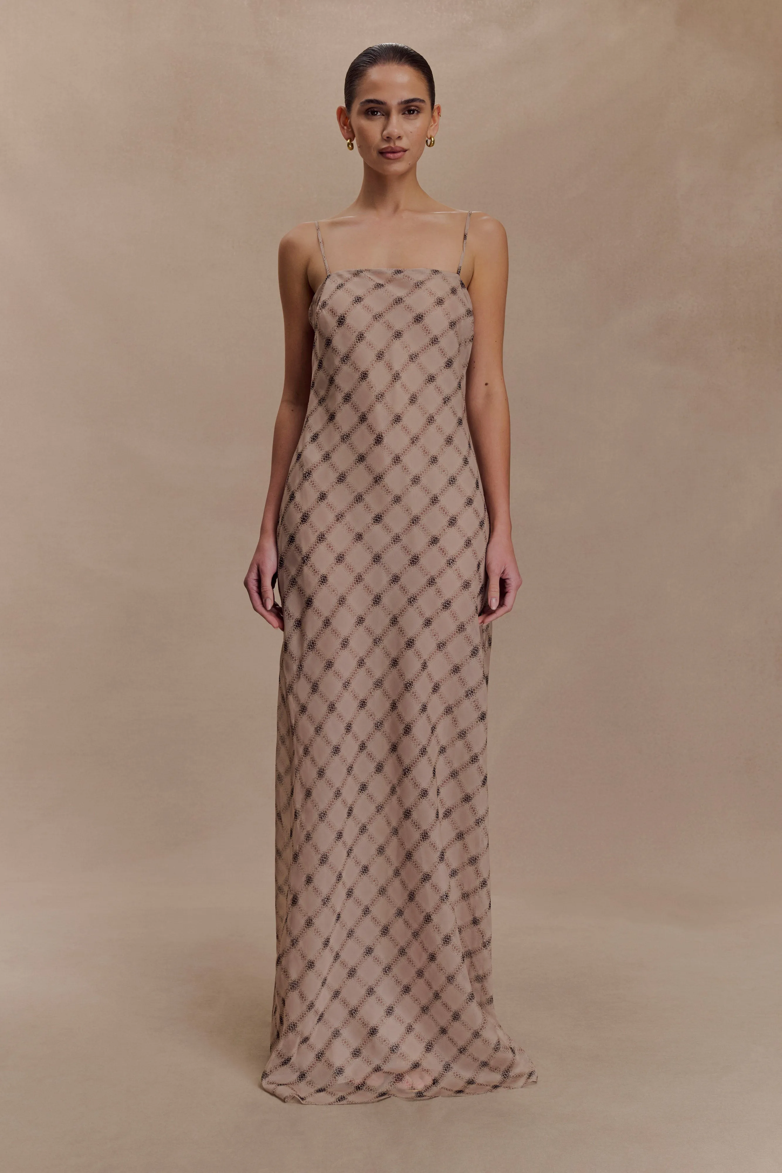 Silvana Chiffon Maxi Dress - Snake Check Print Mocha sold by Meshki