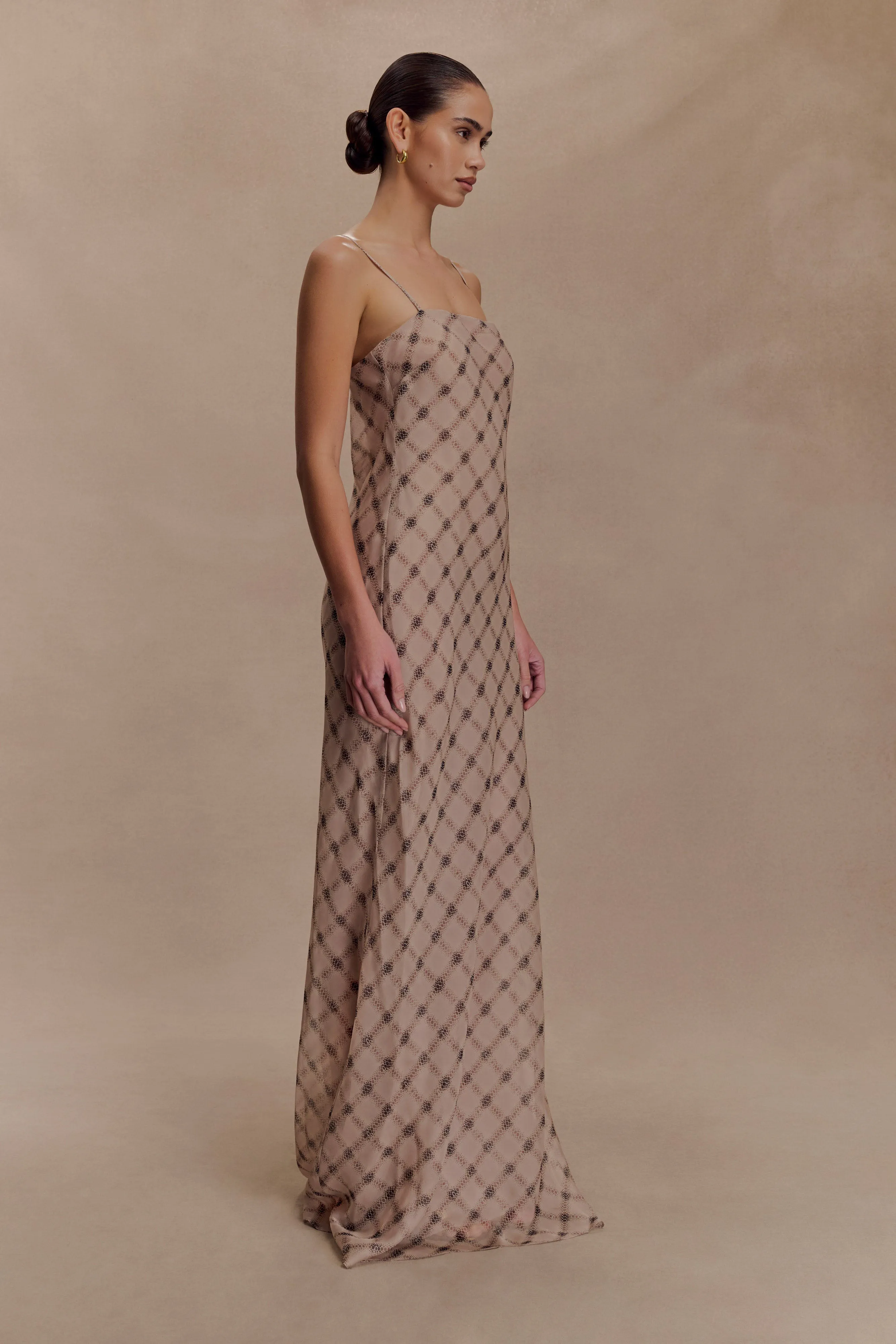Silvana Chiffon Maxi Dress - Snake Check Print Mocha sold by Meshki product image thumbnail 4