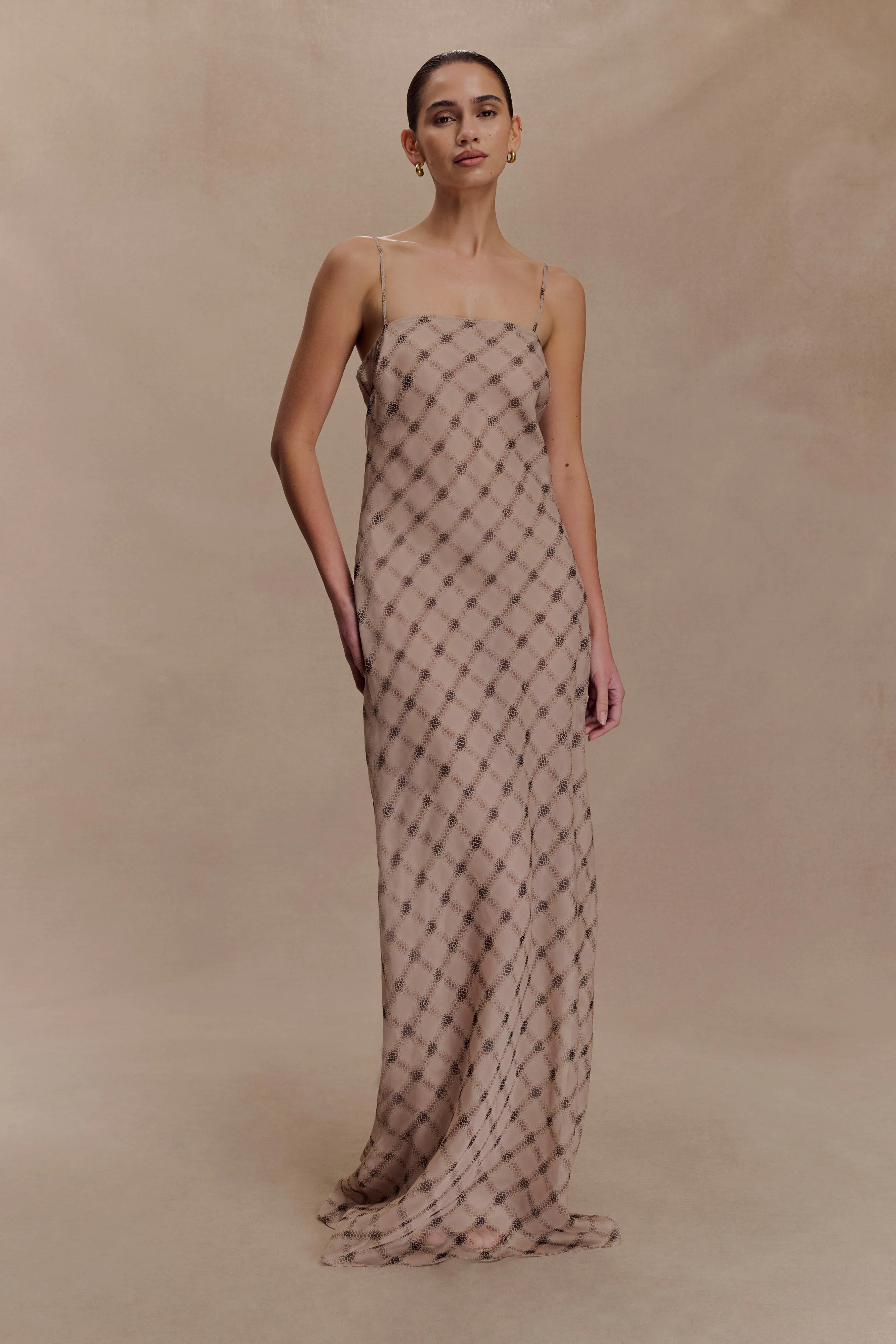Silvana Chiffon Maxi Dress - Snake Check Print Mocha sold by Meshki product image thumbnail 3