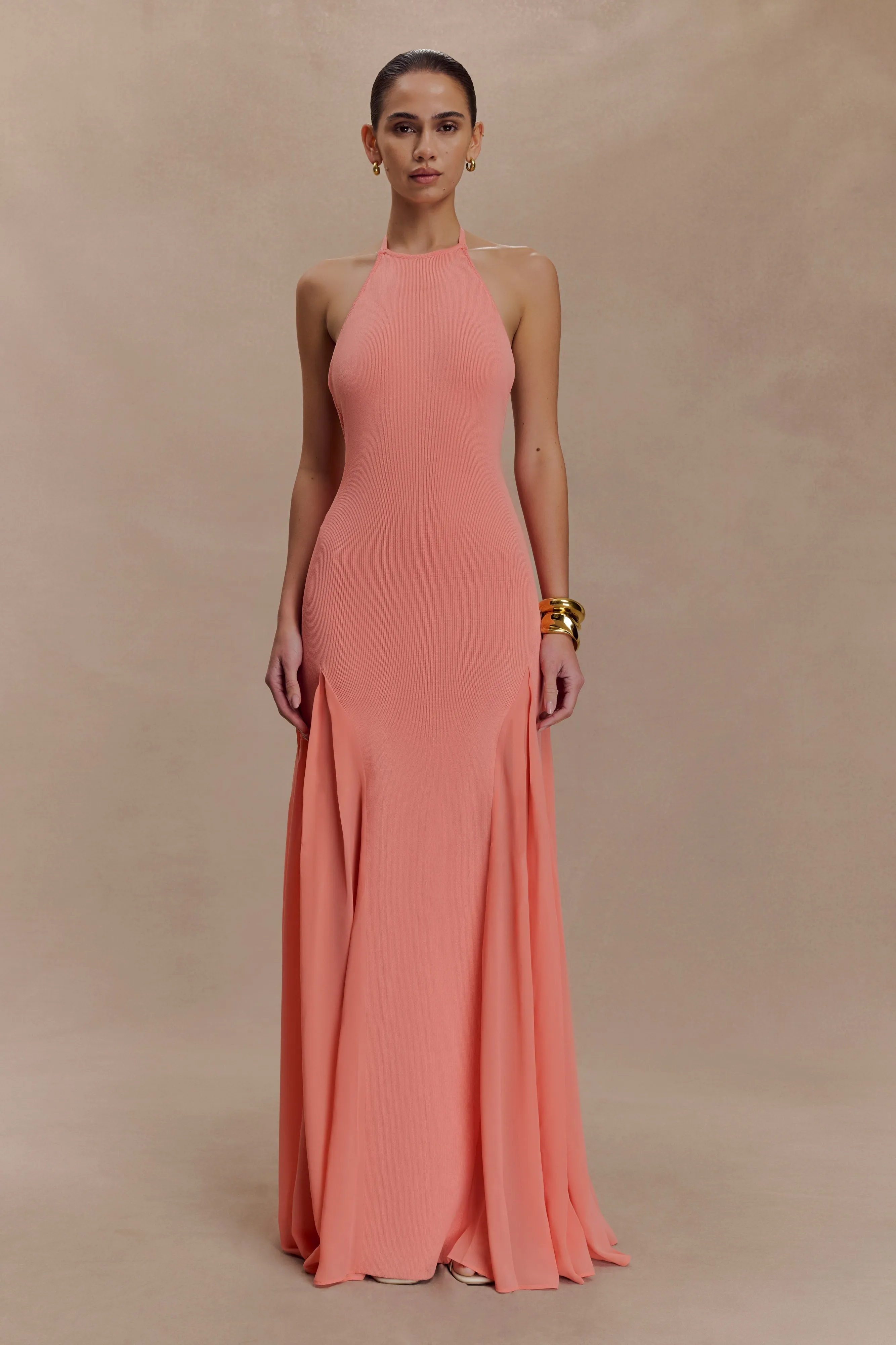 Soleil Knit And Mesh Halter Maxi Dress - Coral sold by Meshki