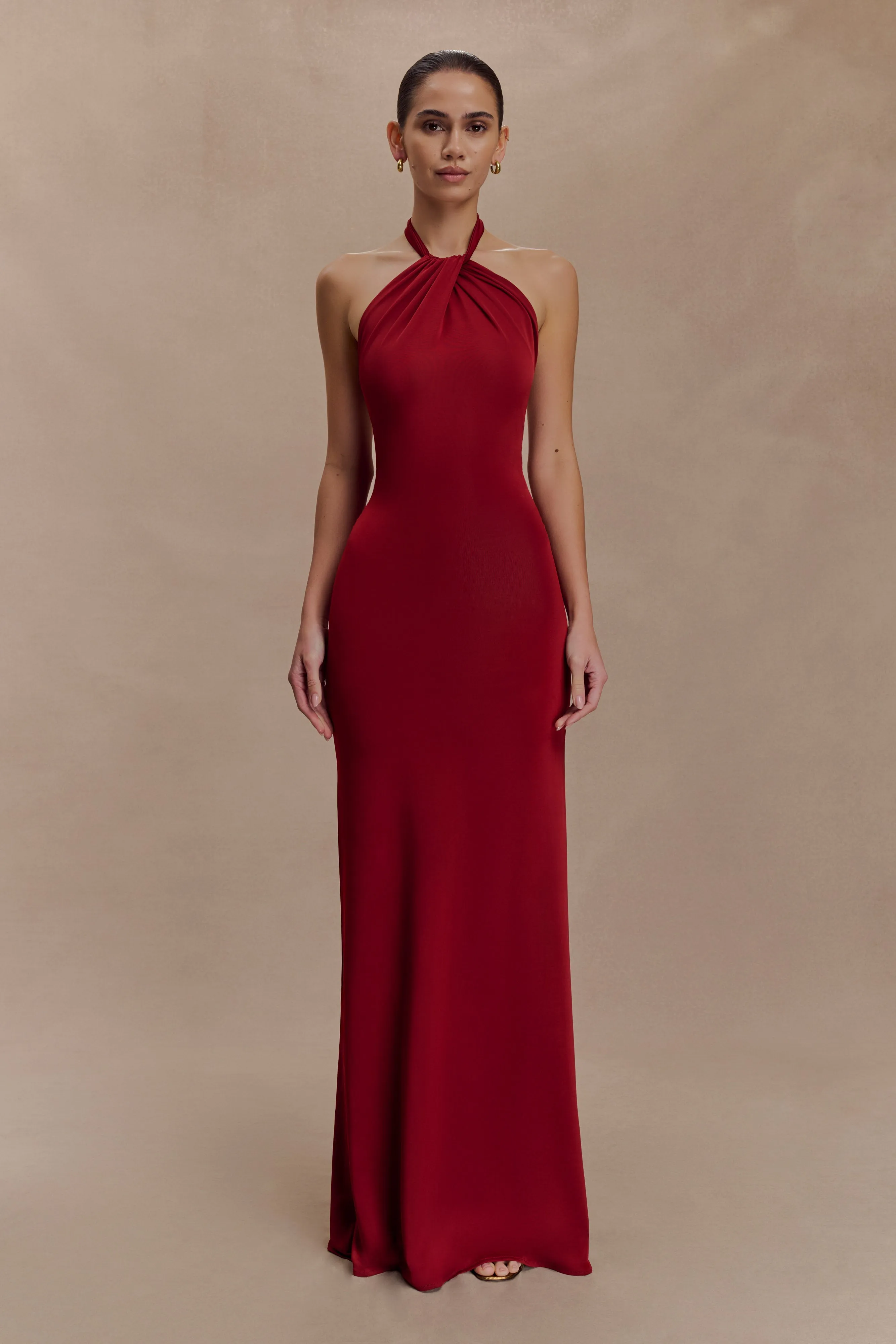 Elyna Slinky Halter Maxi Dress - Deep Red sold by Meshki