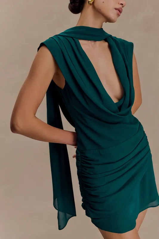 Giulia Chiffon Draped Mini Dress - Dark Emerald sold by Meshki