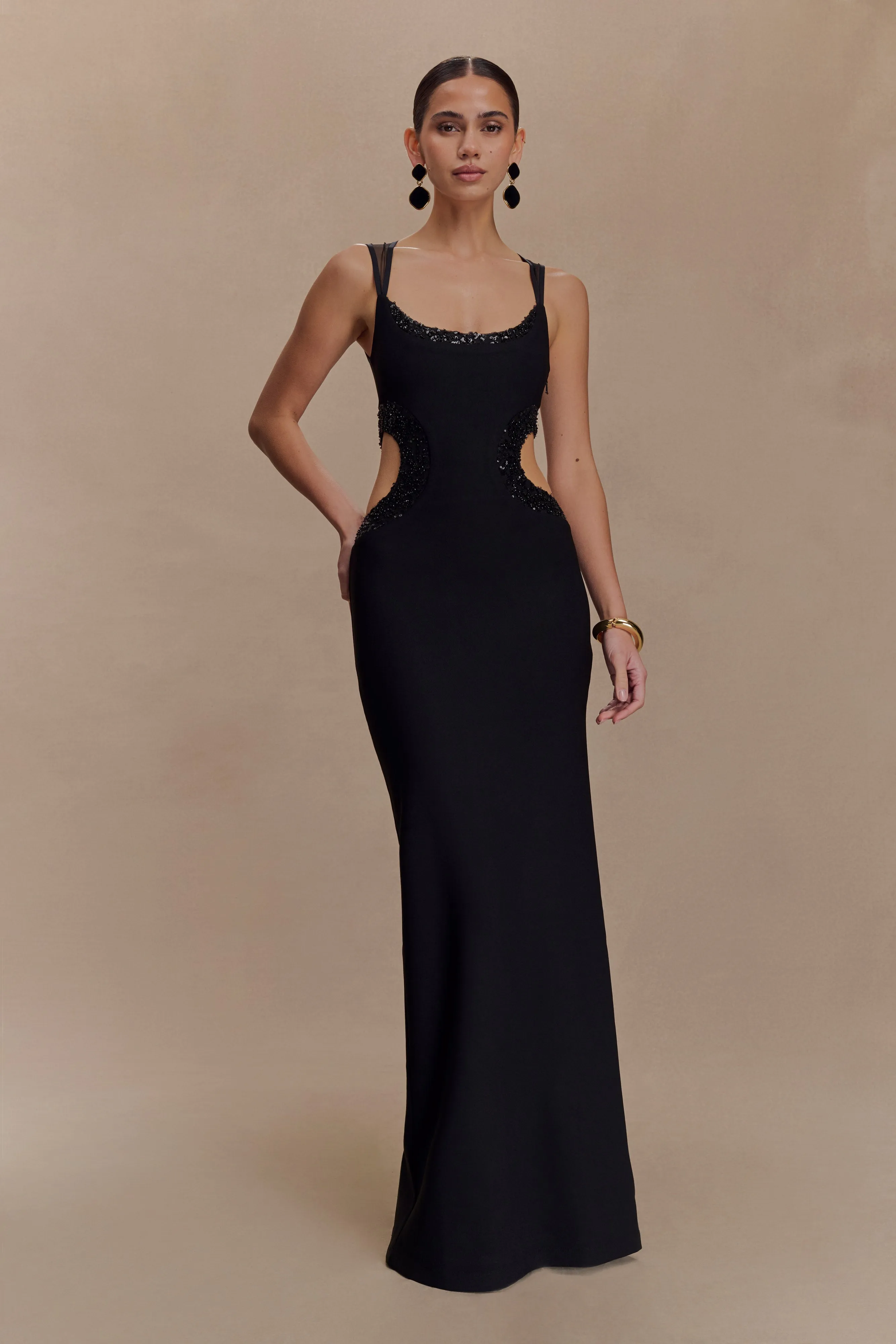 Angelique Beaded Crepe Maxi Dress - Black sold by Meshki