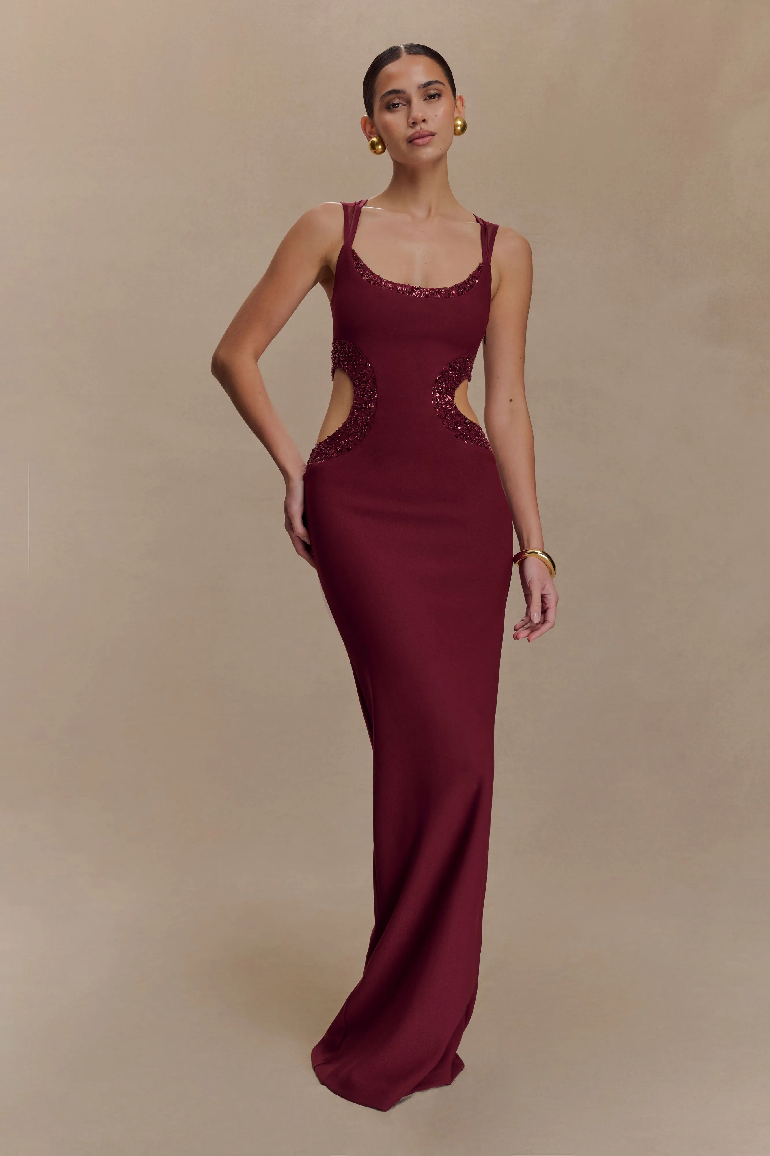 Angelique Beaded Crepe Maxi Dress - Wine sold by Meshki product image thumbnail 5