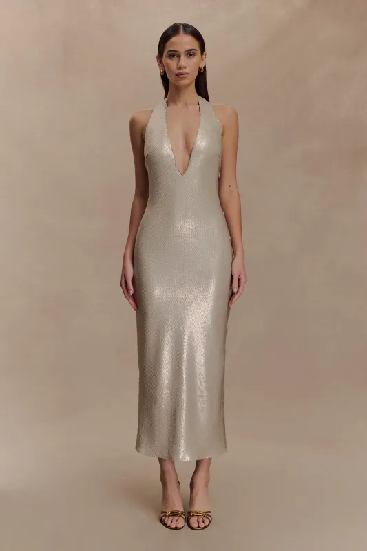 Carnation Sequin Halter Midi Dress - Gold sold by Meshki