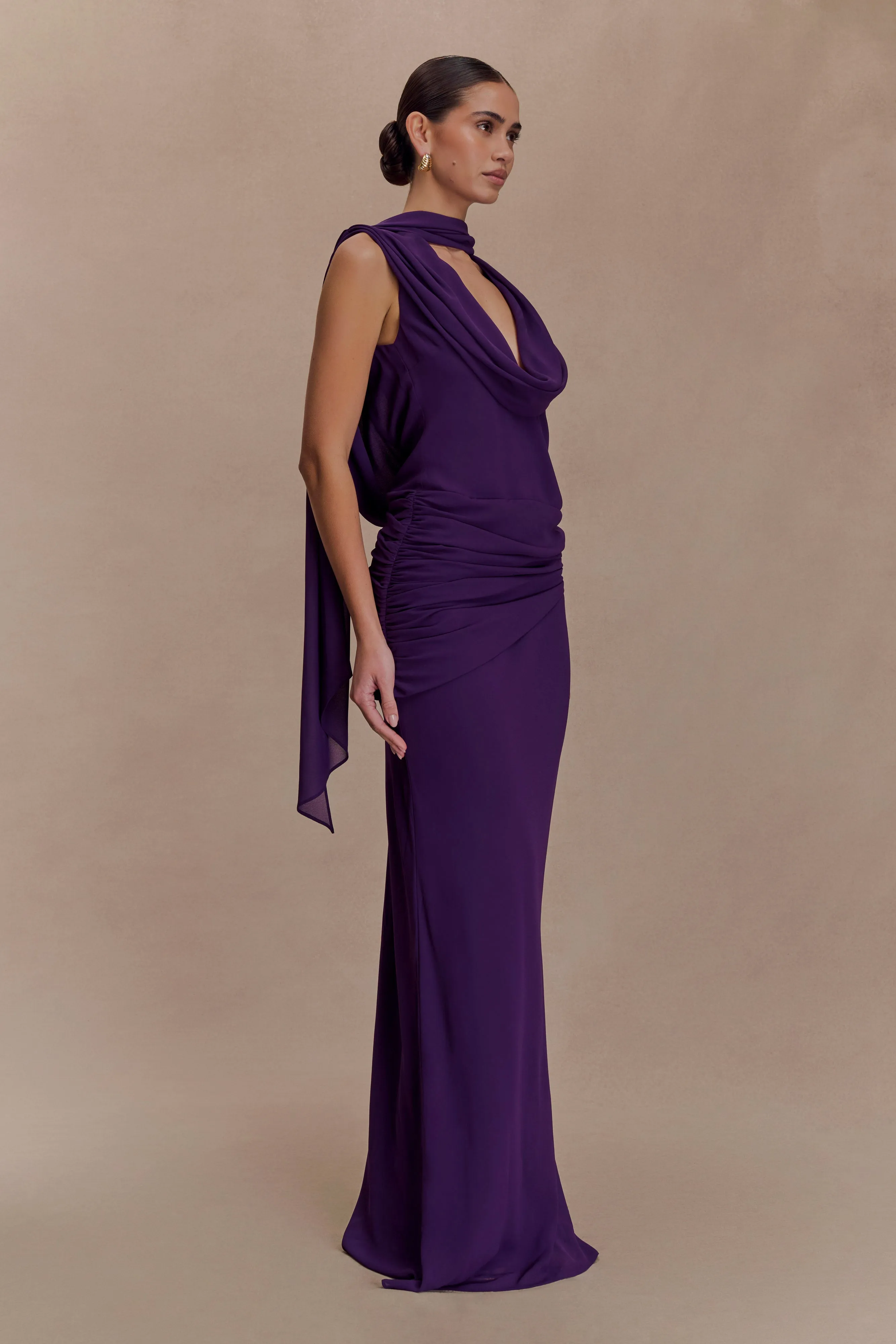 Giulia Chiffon Draped Maxi Dress - Purple sold by Meshki product image thumbnail 4