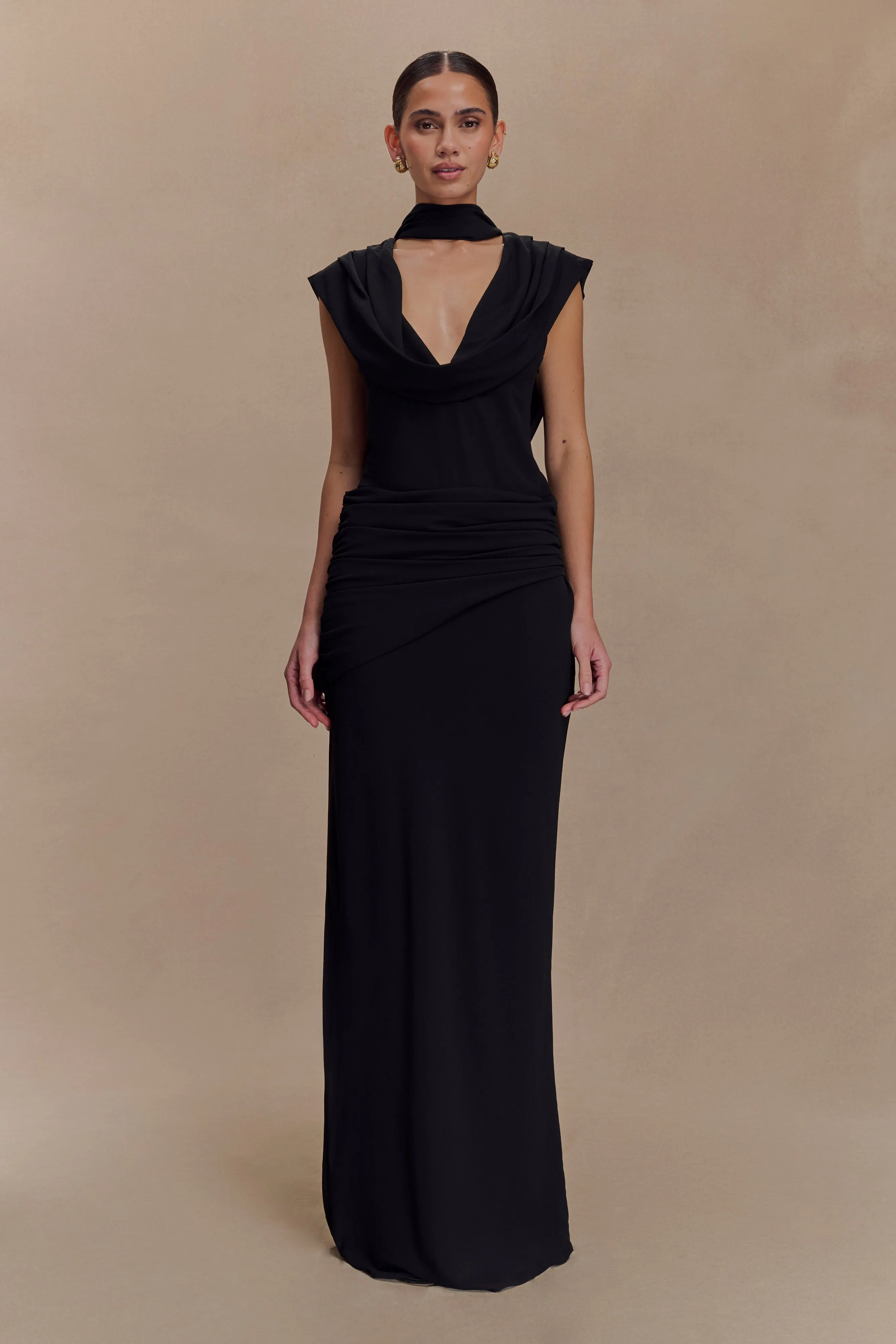 Giulia Chiffon Draped Maxi Dress - Black sold by Meshki