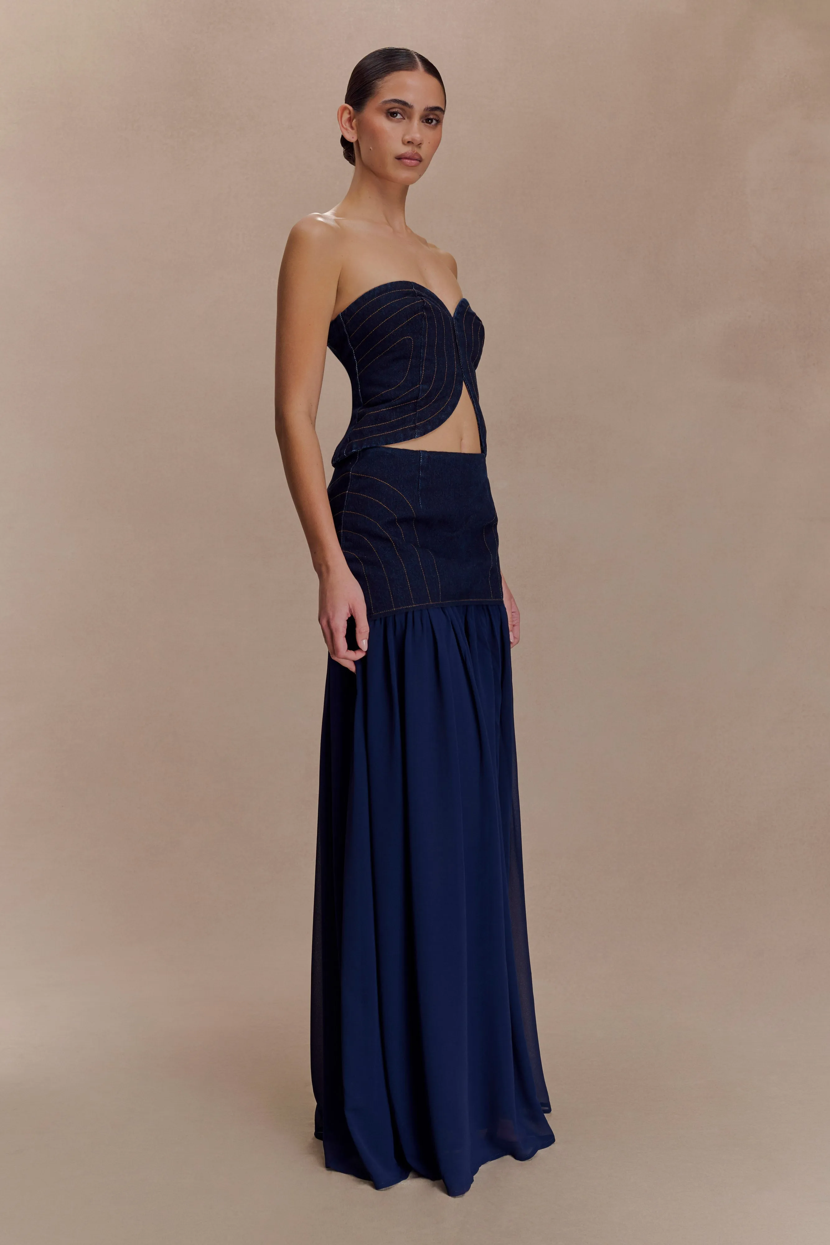 Tully Chiffon Denim Maxi Skirt - Indigo Blue sold by Meshki product image thumbnail 3