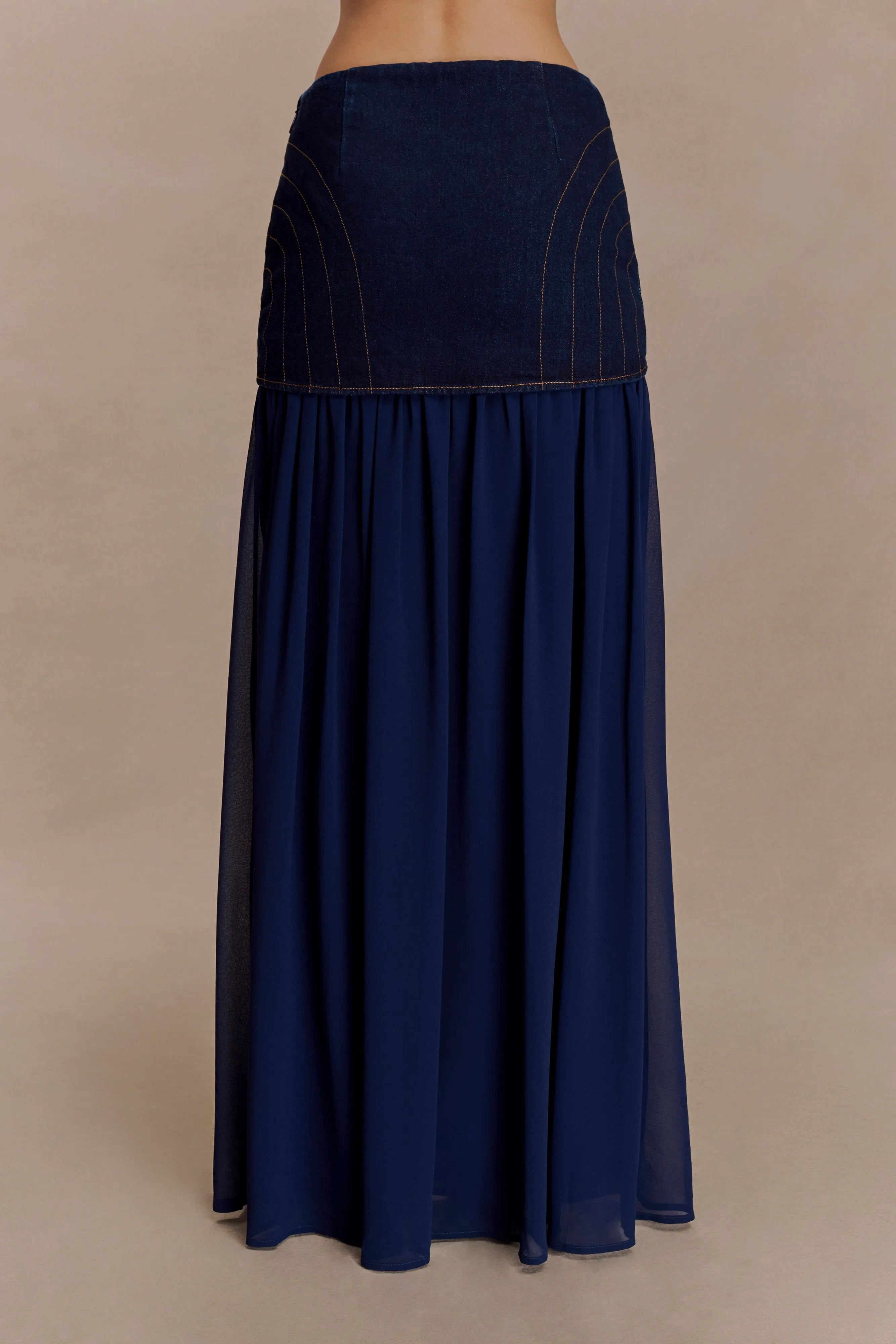 Tully Chiffon Denim Maxi Skirt - Indigo Blue sold by Meshki product image thumbnail 2
