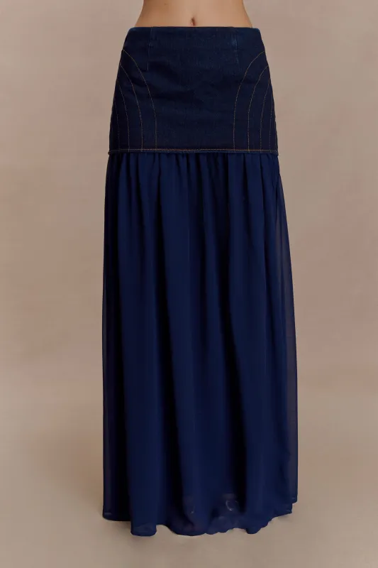 Tully Chiffon Denim Maxi Skirt - Indigo Blue sold by Meshki