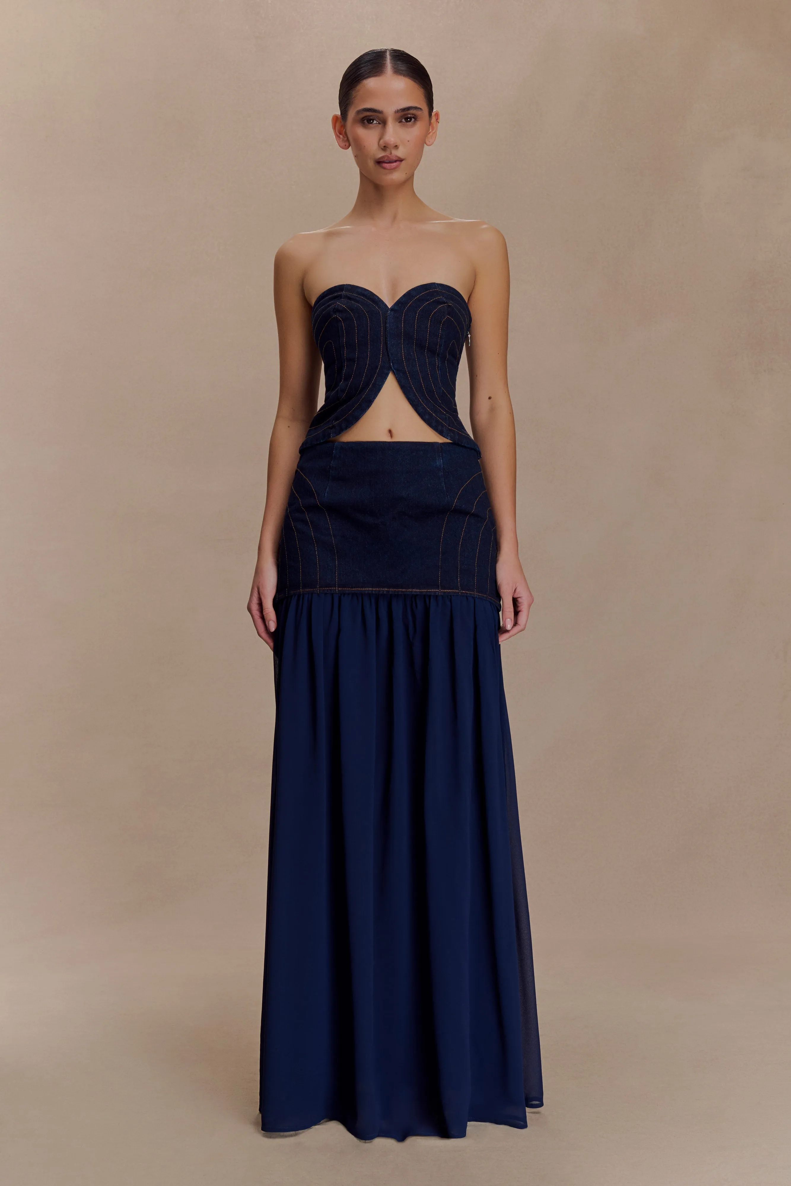 Tully Chiffon Denim Maxi Skirt - Indigo Blue sold by Meshki product image thumbnail 4