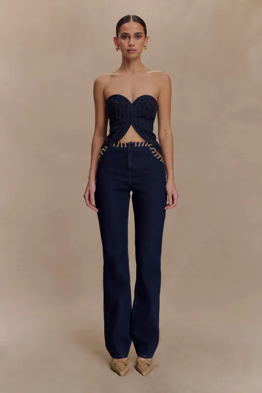 Meryl Lace Up Denim Jean - Indigo Blue sold by Meshki